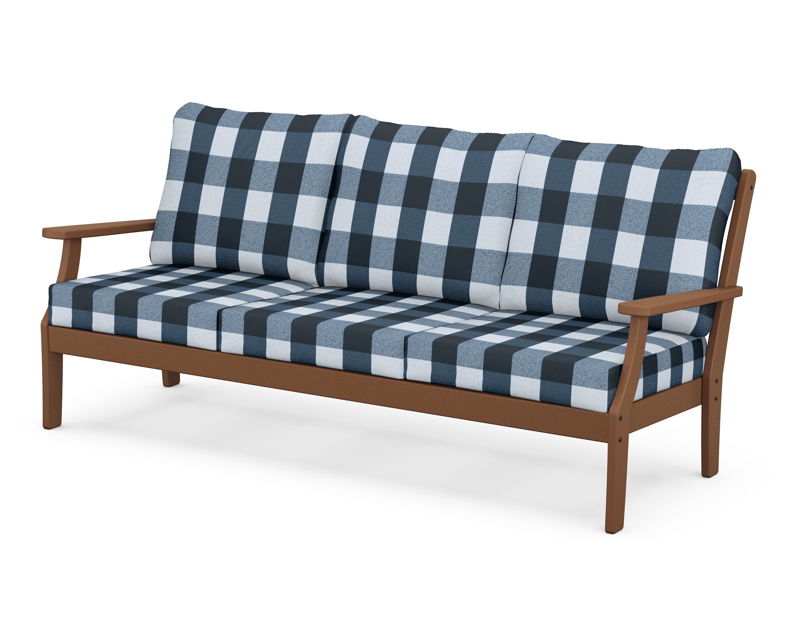 Braxton Deep Seating Sofa in Teak / Buffalo Plaid Marine Indigo
