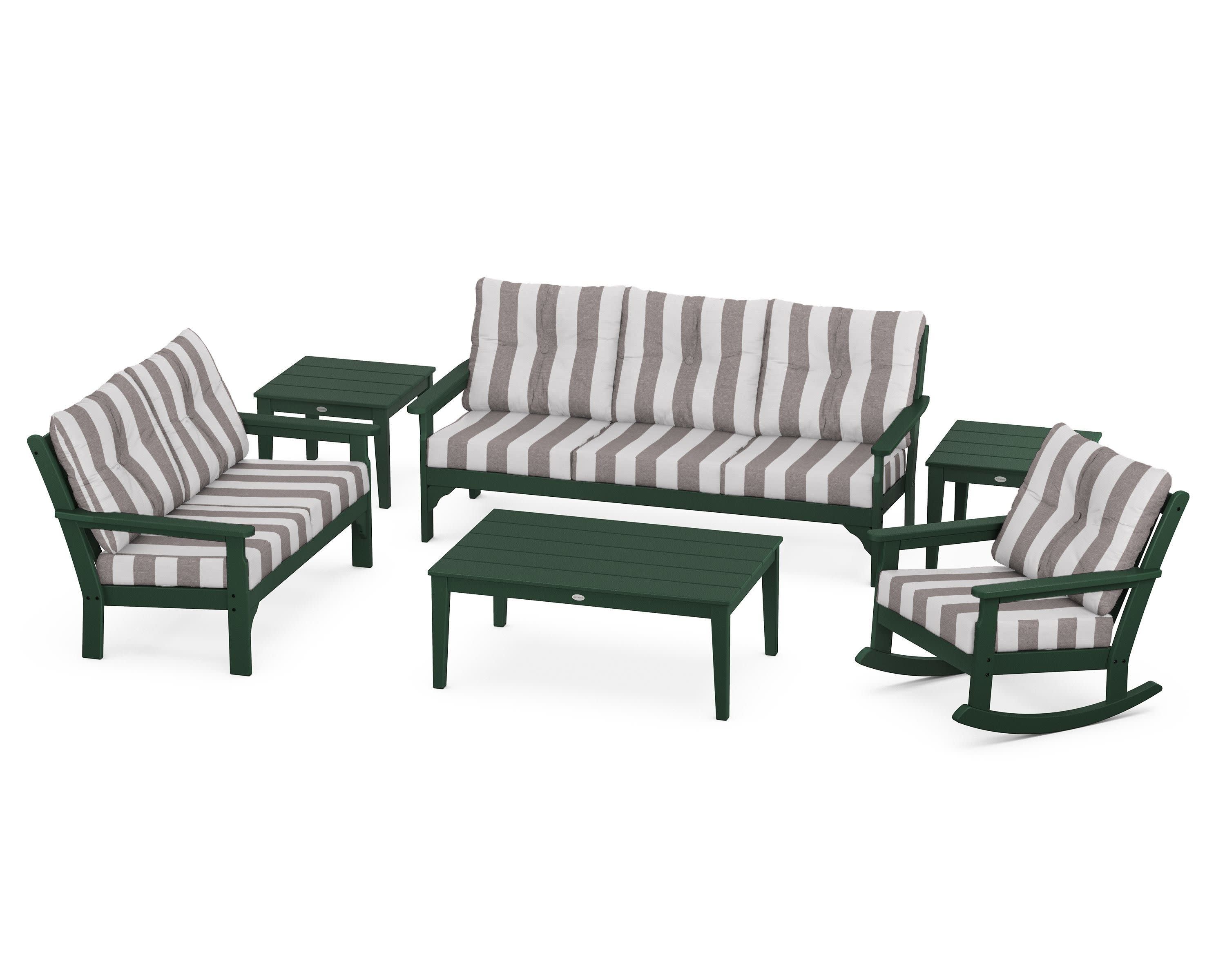 Vineyard 6-Piece Deep Seating Set in Green / Cabana Stripe Grey Mist