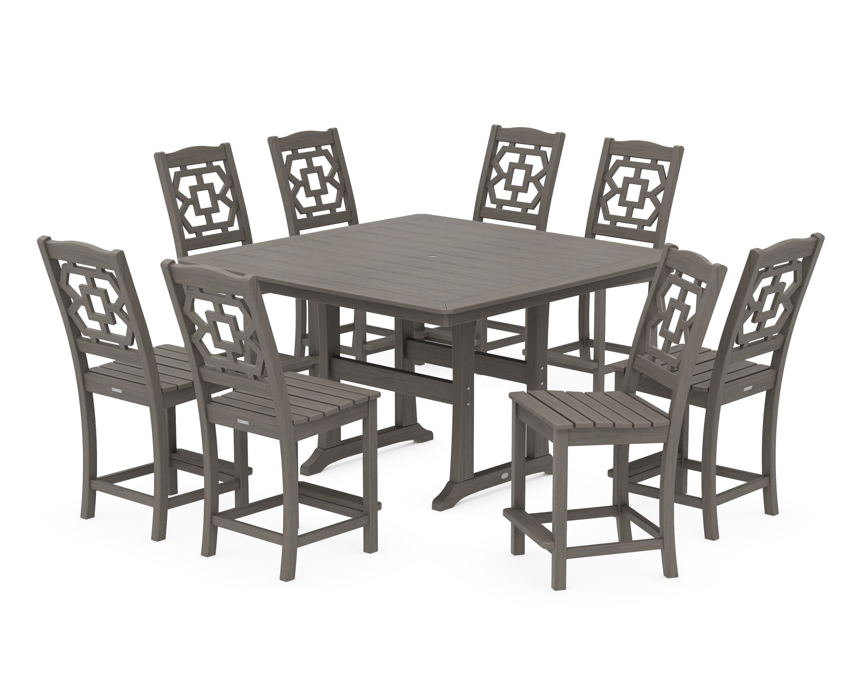 Chinoiserie 9-Piece Square Side Chair Counter Set with Trestle Legs in Driftwood