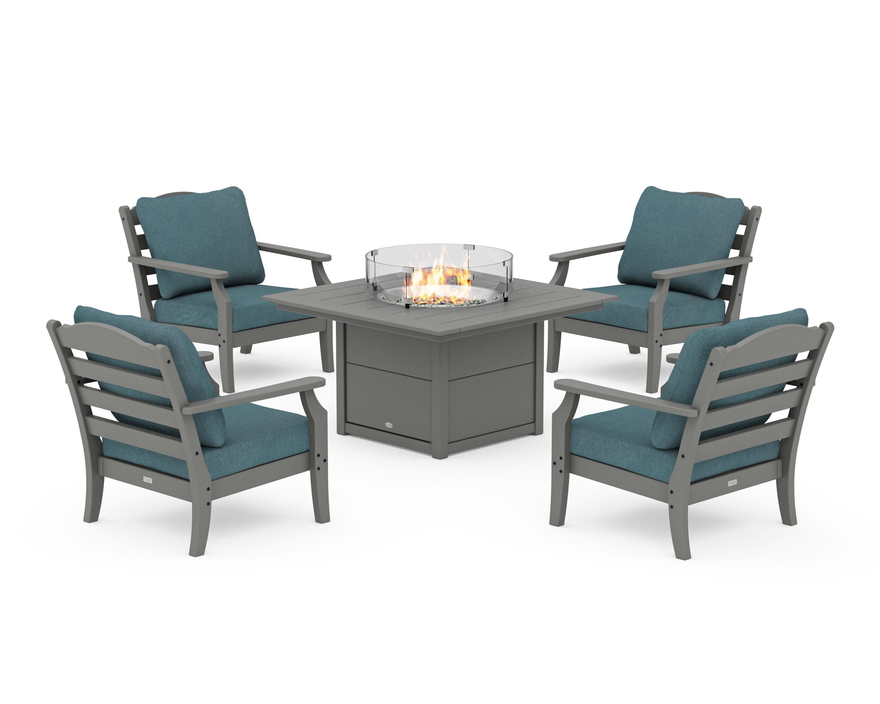 Savannah 5-Piece Deep Seating Set with Fire Pit Table in Slate Grey / Ocean Teal
