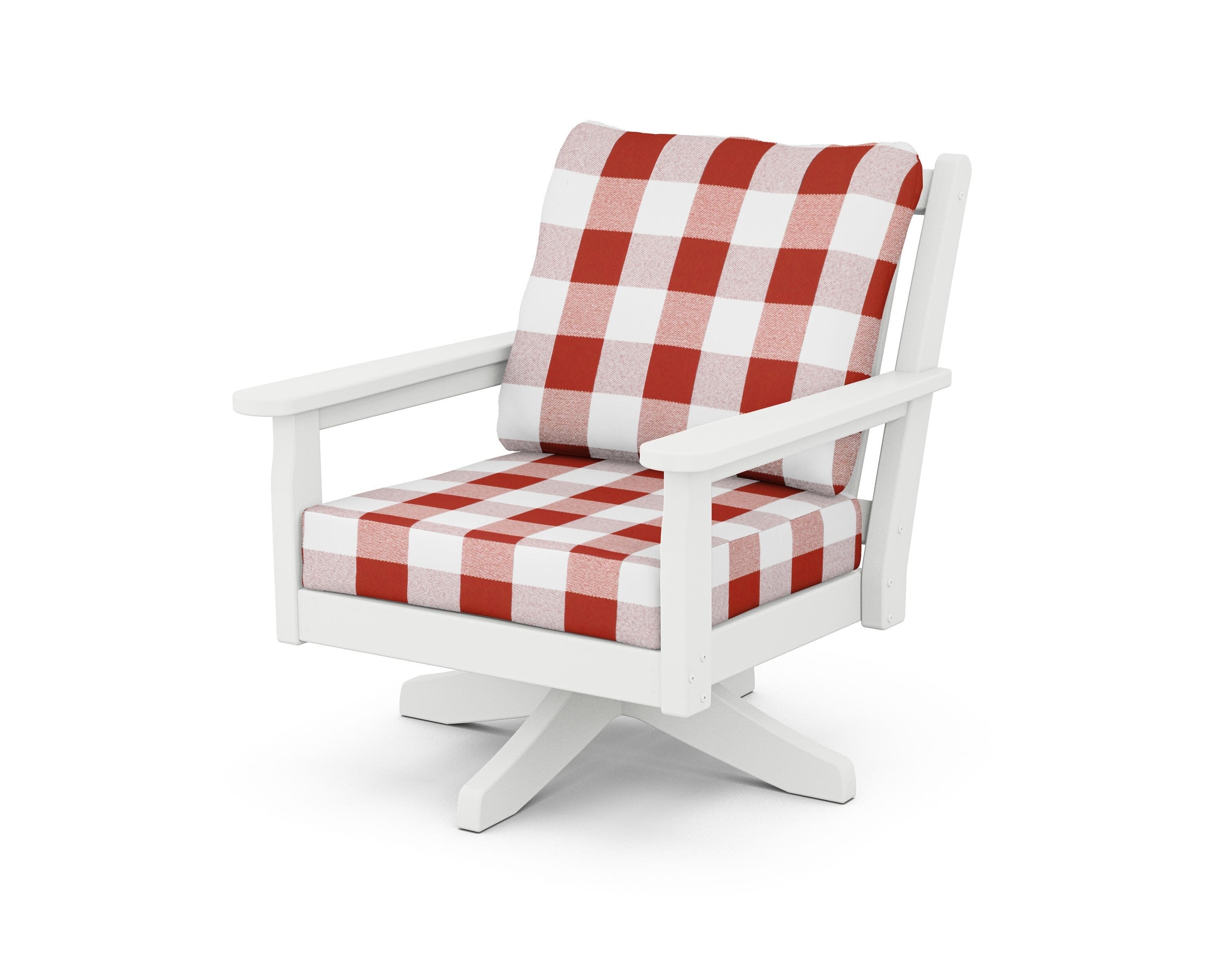Chippendale Deep Seating Swivel Chair in White / Buffalo Plaid Crimson