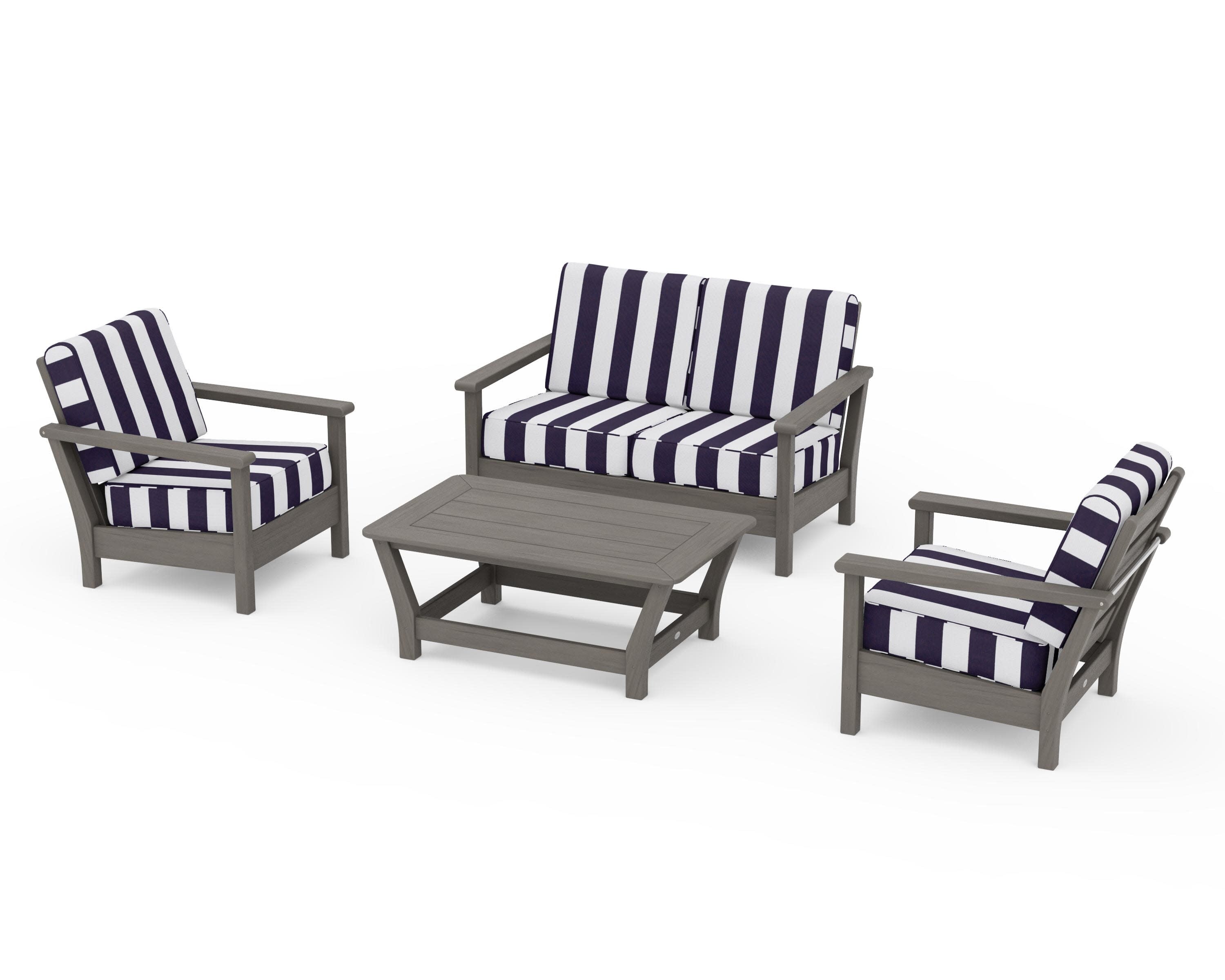 Harbour 4-Piece Deep Seating Set in Driftwood / Cabana Stripe Navy