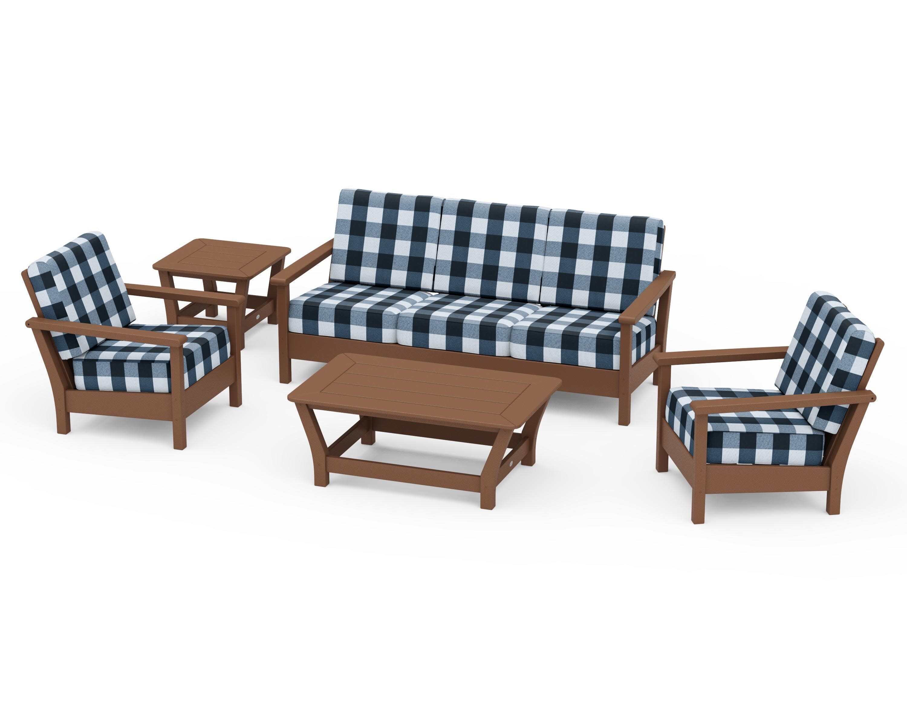 Harbour 5-Piece Deep Seating Set in Teak / Buffalo Plaid Marine Indigo