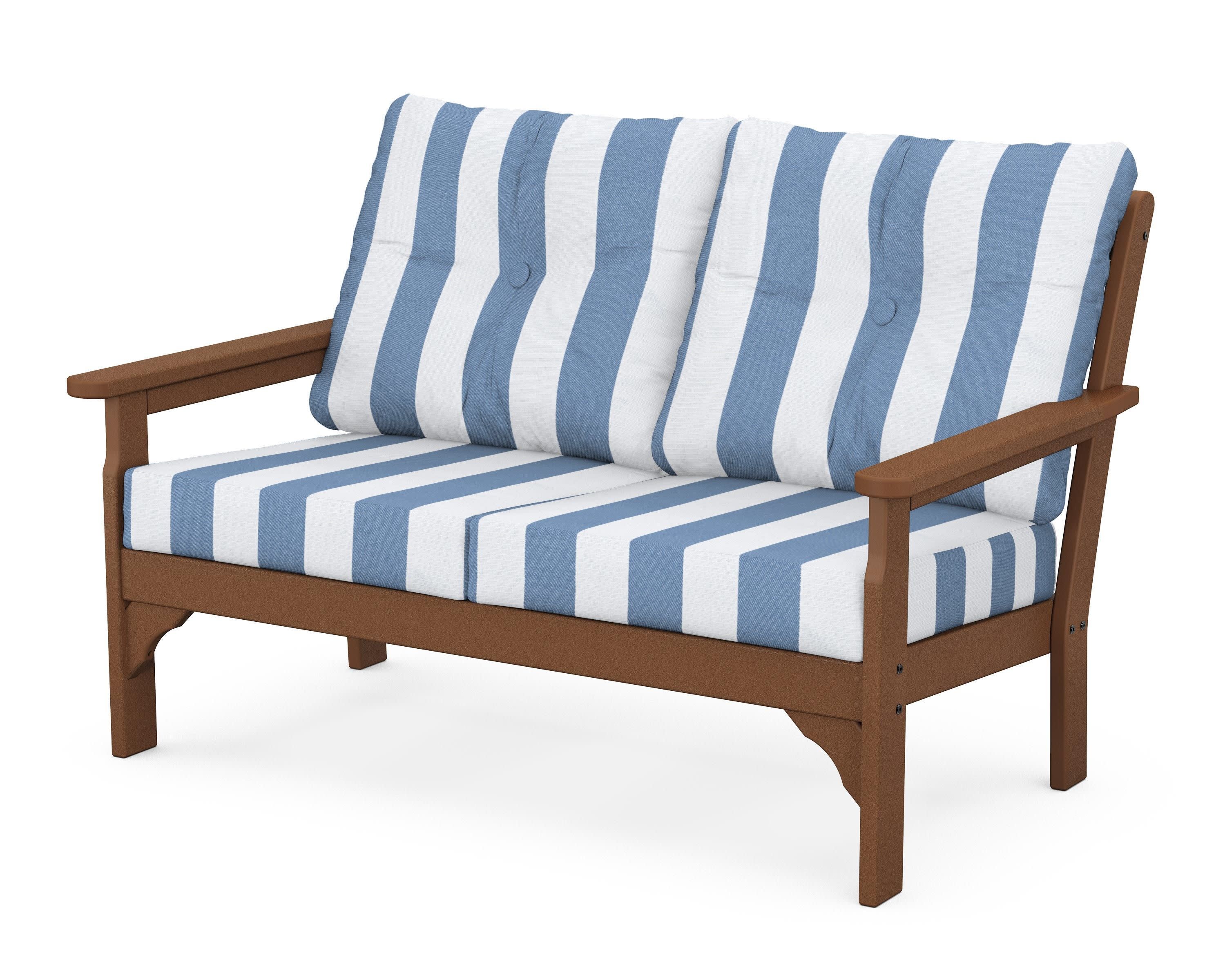 Vineyard Deep Seating Loveseat in Teak / Cabana Stripe Sky Blue