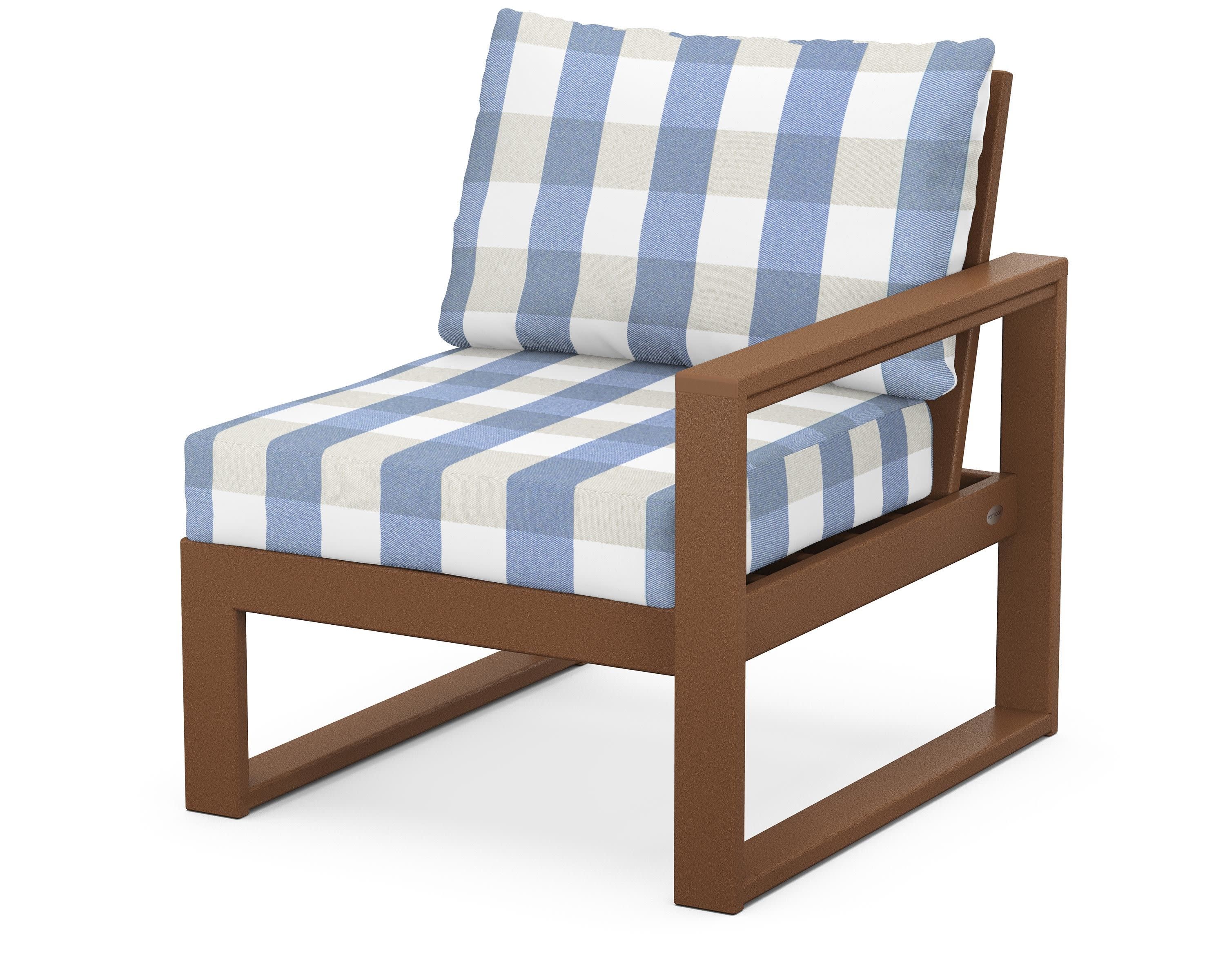 EDGE Modular Right Arm Chair in Teak / Buffalo Plaid Sky Blue