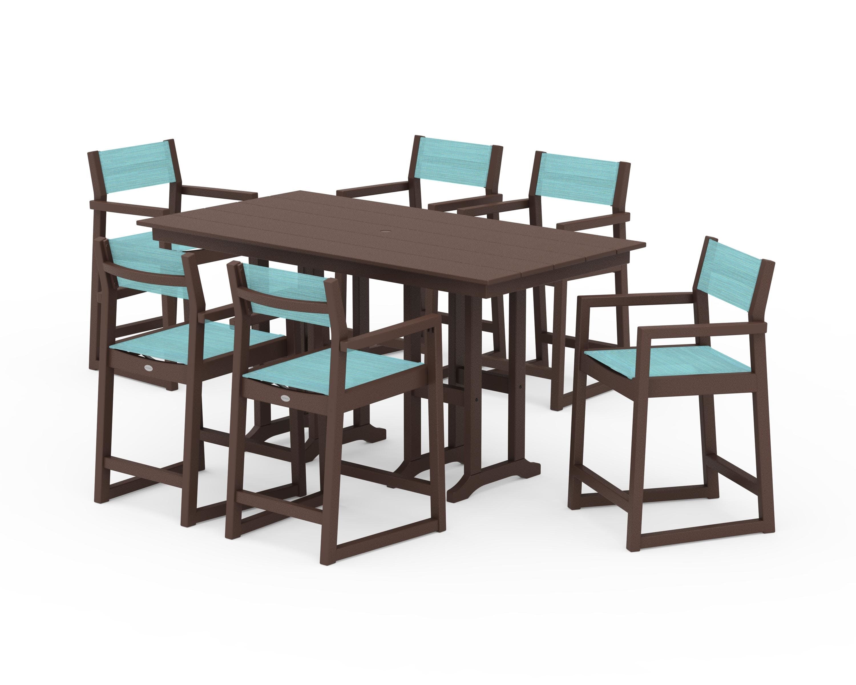 EDGE Sling Arm Chair 7-Piece Farmhouse Counter Set in Mahogany / Dupioni Aquamarine Sling