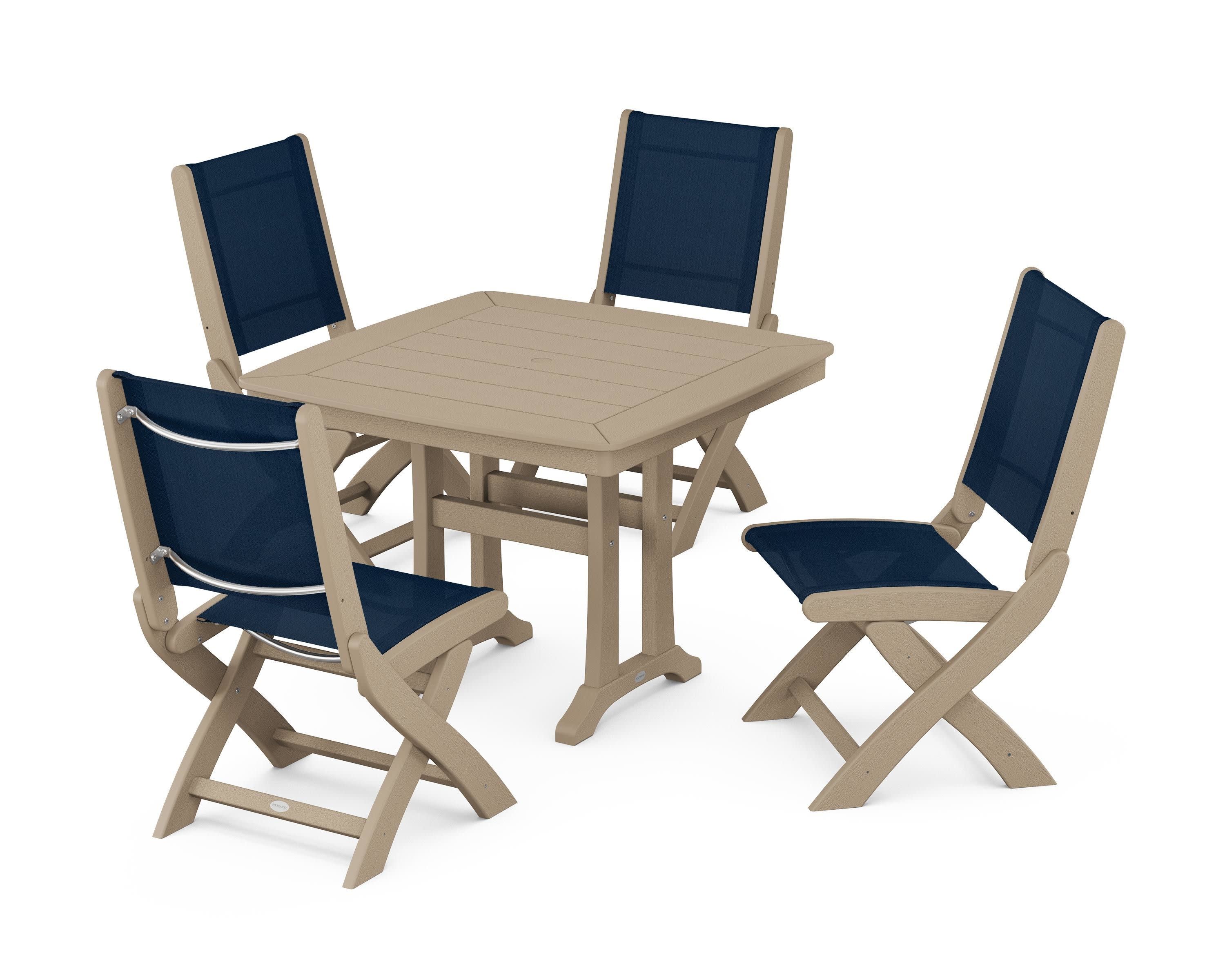 Coastal Folding Side Chair 5-Piece Dining Set with Trestle Legs in Vintage Sahara / Navy Blue Sling