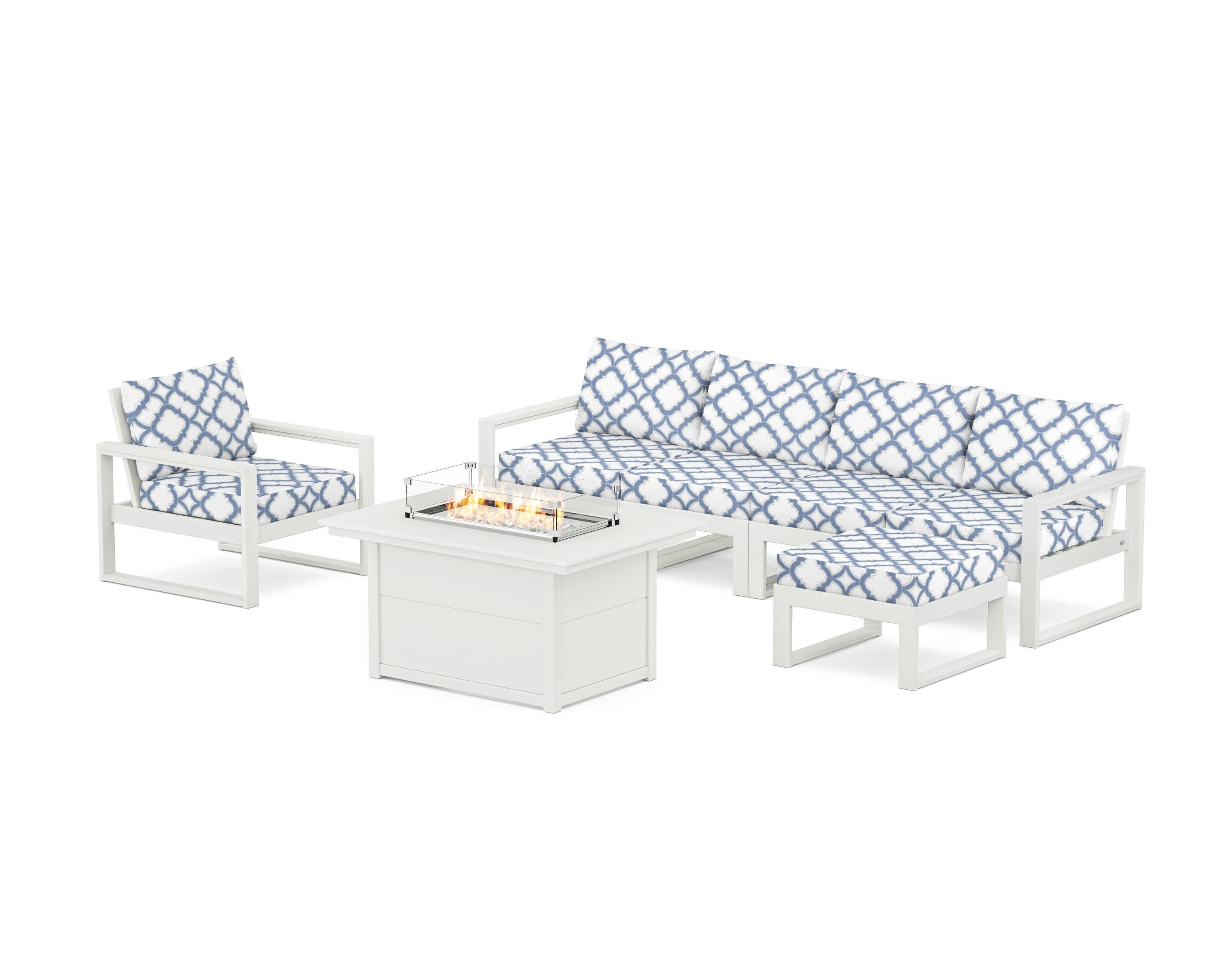 EDGE Sectional Lounge and Fire Pit Set in Vintage White / Trellis Sky Blue