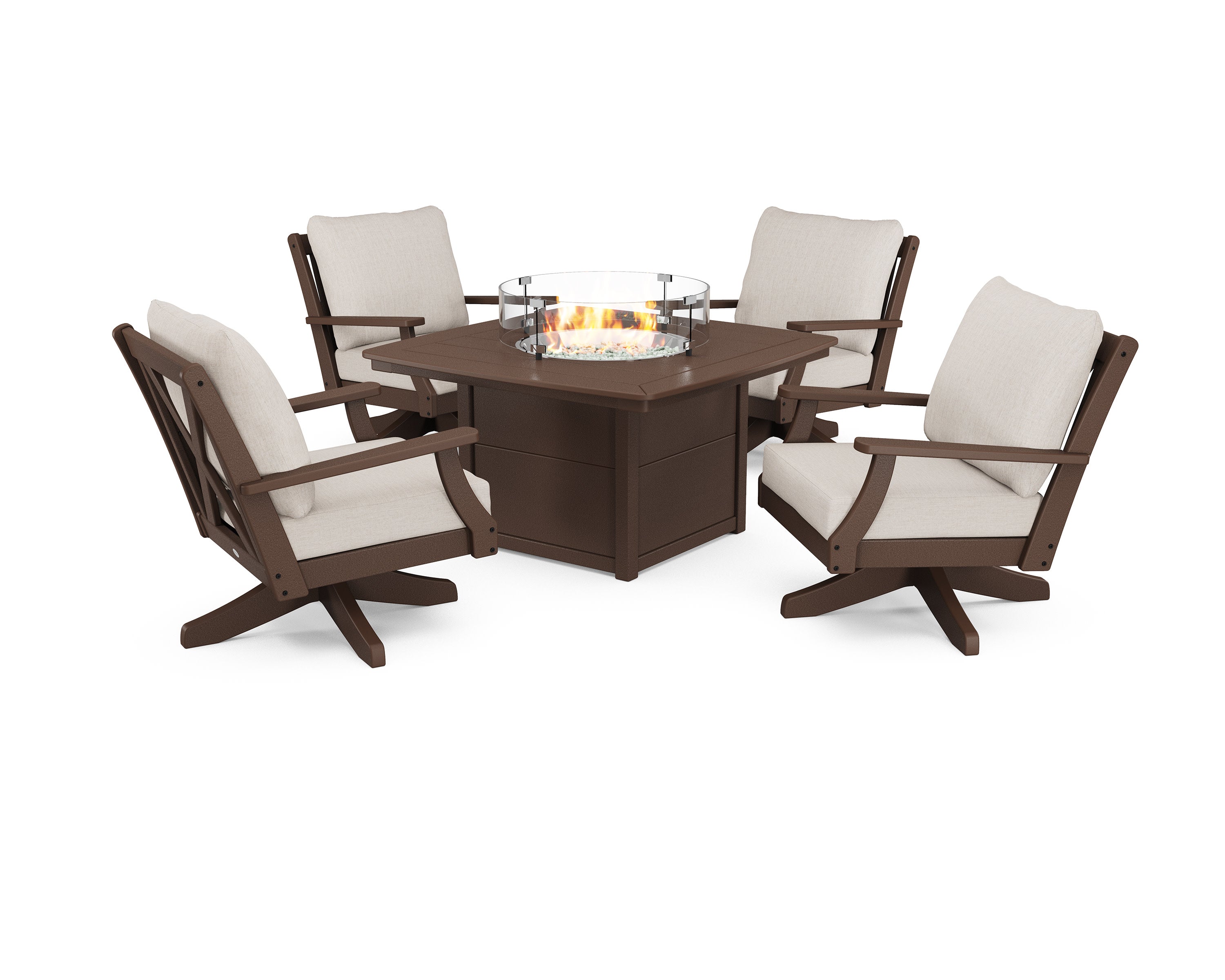 Braxton 5-Piece Deep Seating Swivel Conversation Set with Fire Pit Table in Mahogany / Cast Ash