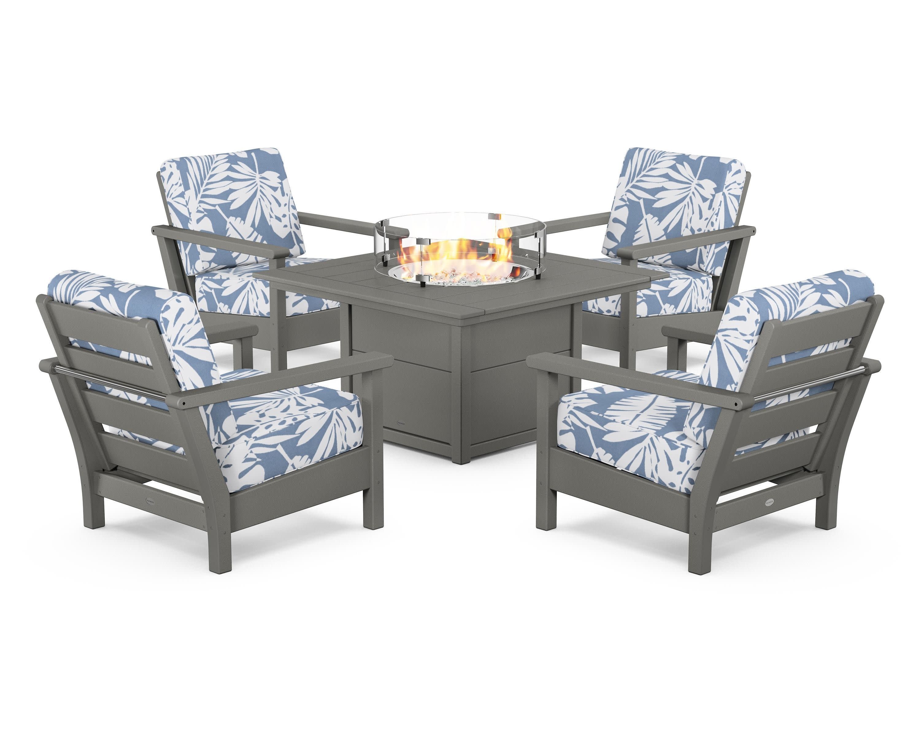 Harbour 5-Piece Conversation Set with Fire Pit Table in Slate Grey / Leaf Sky Blue
