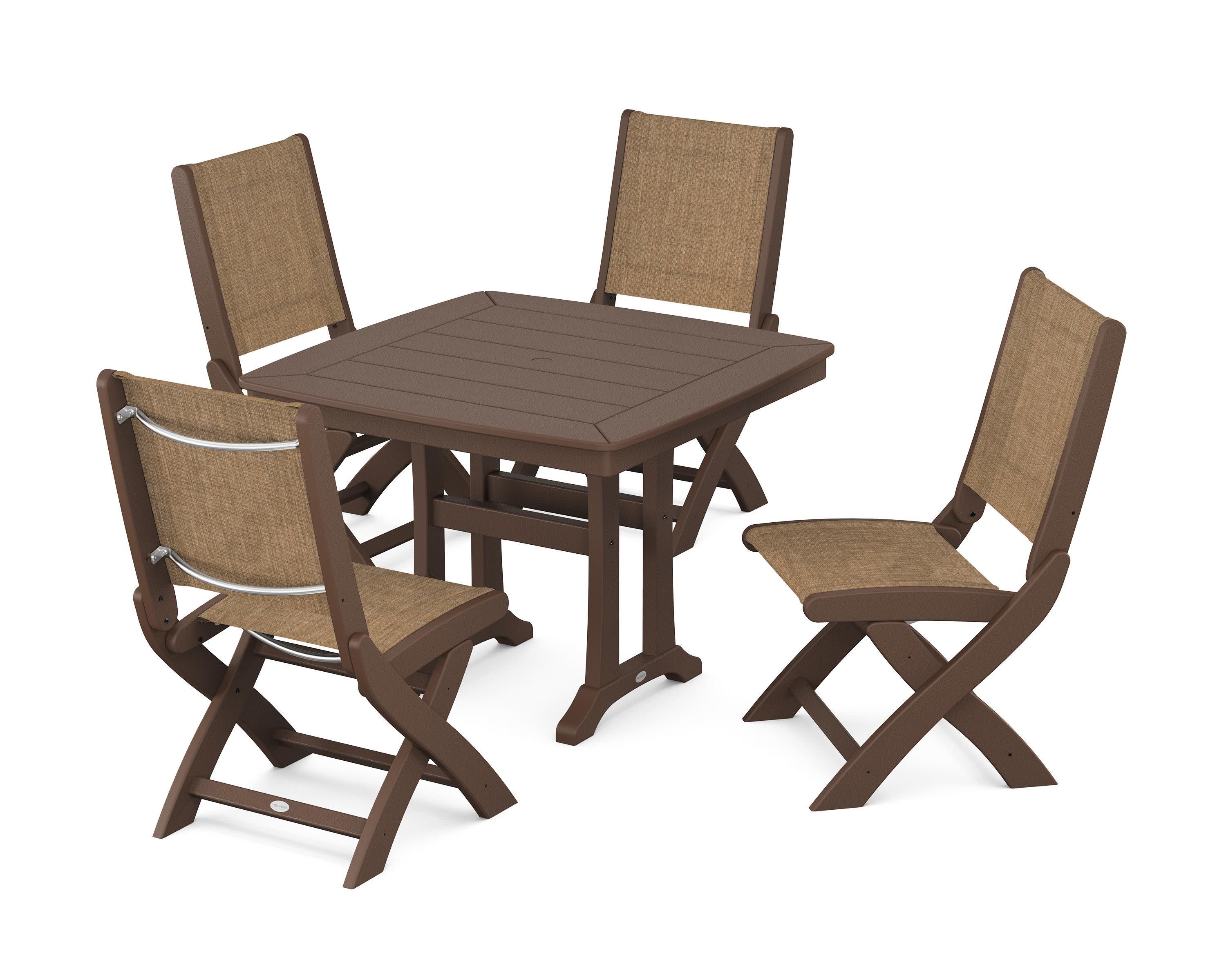 Coastal Folding Side Chair 5-Piece Dining Set with Trestle Legs in Mahogany / Burlap Sling