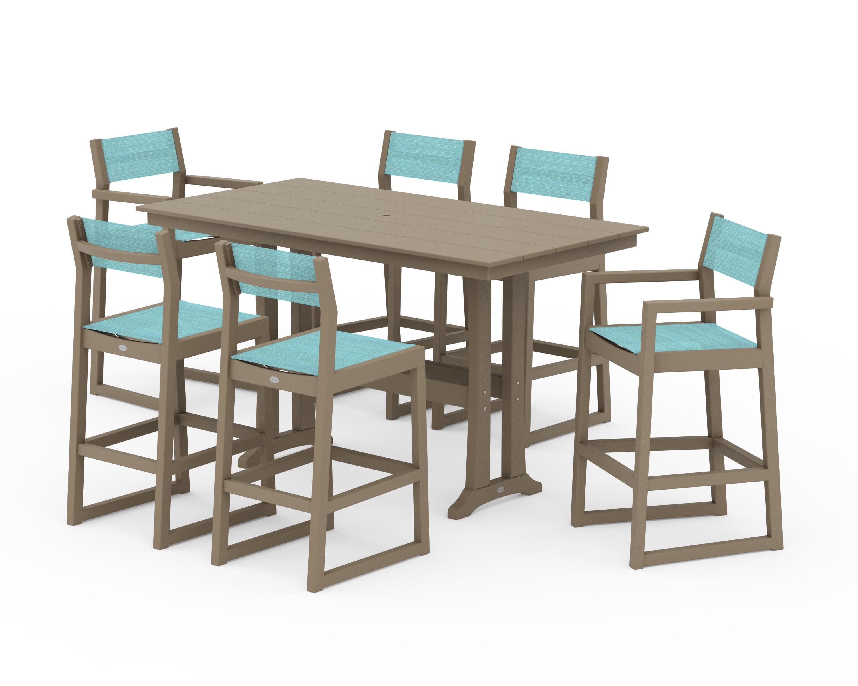 EDGE Sling 7-Piece Farmhouse Bar Set with Trestle Legs in Vintage Sahara / Dupioni Aquamarine Sling