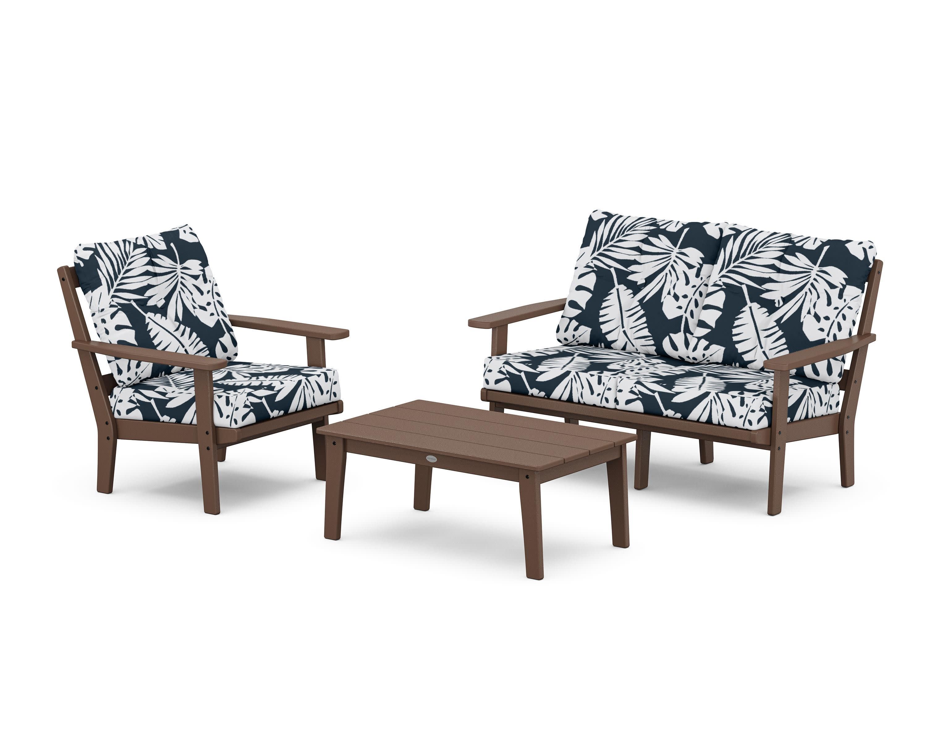 Oxford 3-Piece Deep Seating Set with Loveseat in Mahogany / Leaf Marine Indigo