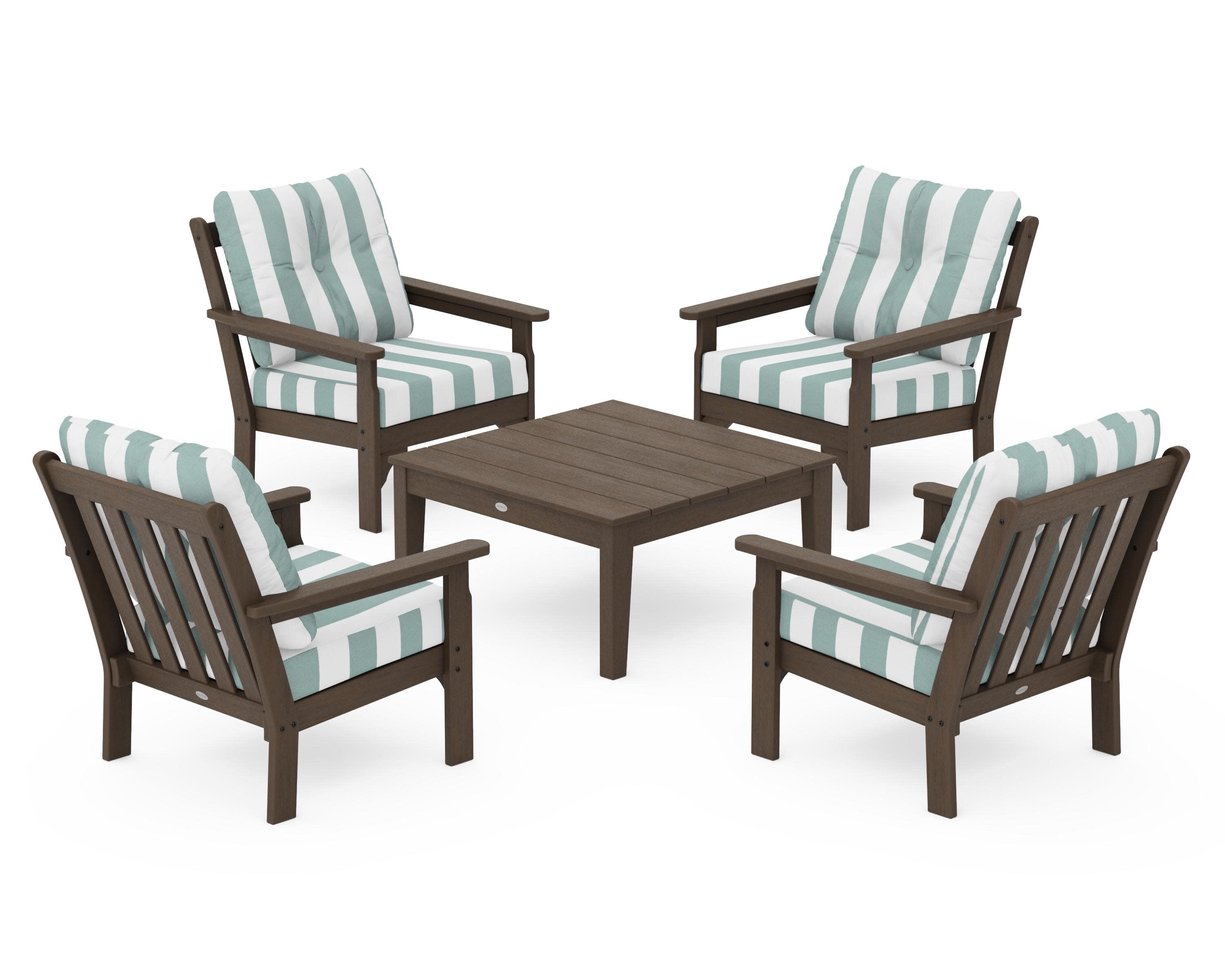 Vineyard 5-Piece Deep Seating Conversation Set in Kona / Cabana Stripe Glacier Spa