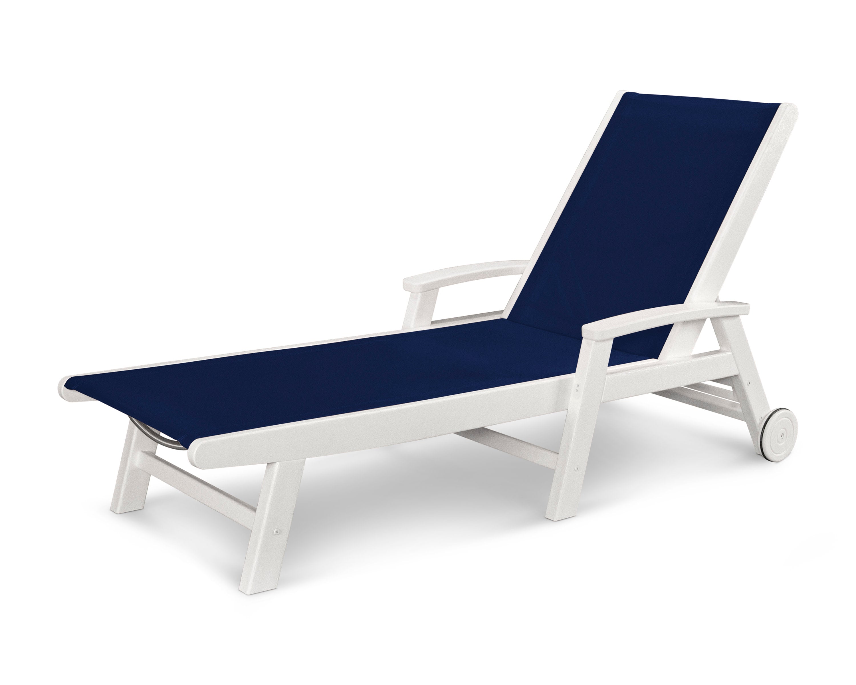 Coastal Chaise with Wheels in White / Navy Blue Sling