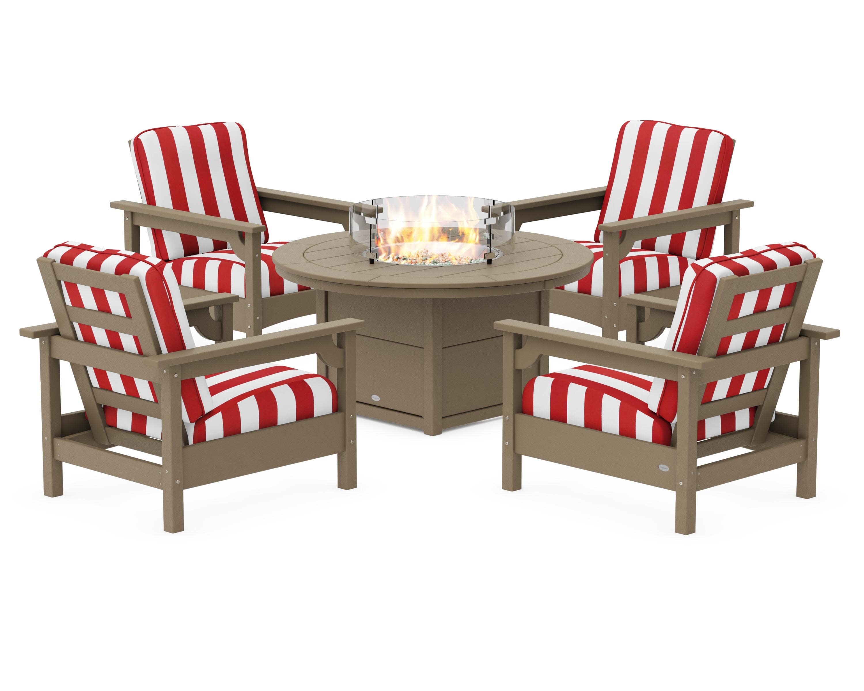 Club 5-Piece Conversation Set with Fire Pit Table in Vintage Sahara / Cabana Stripe Crimson
