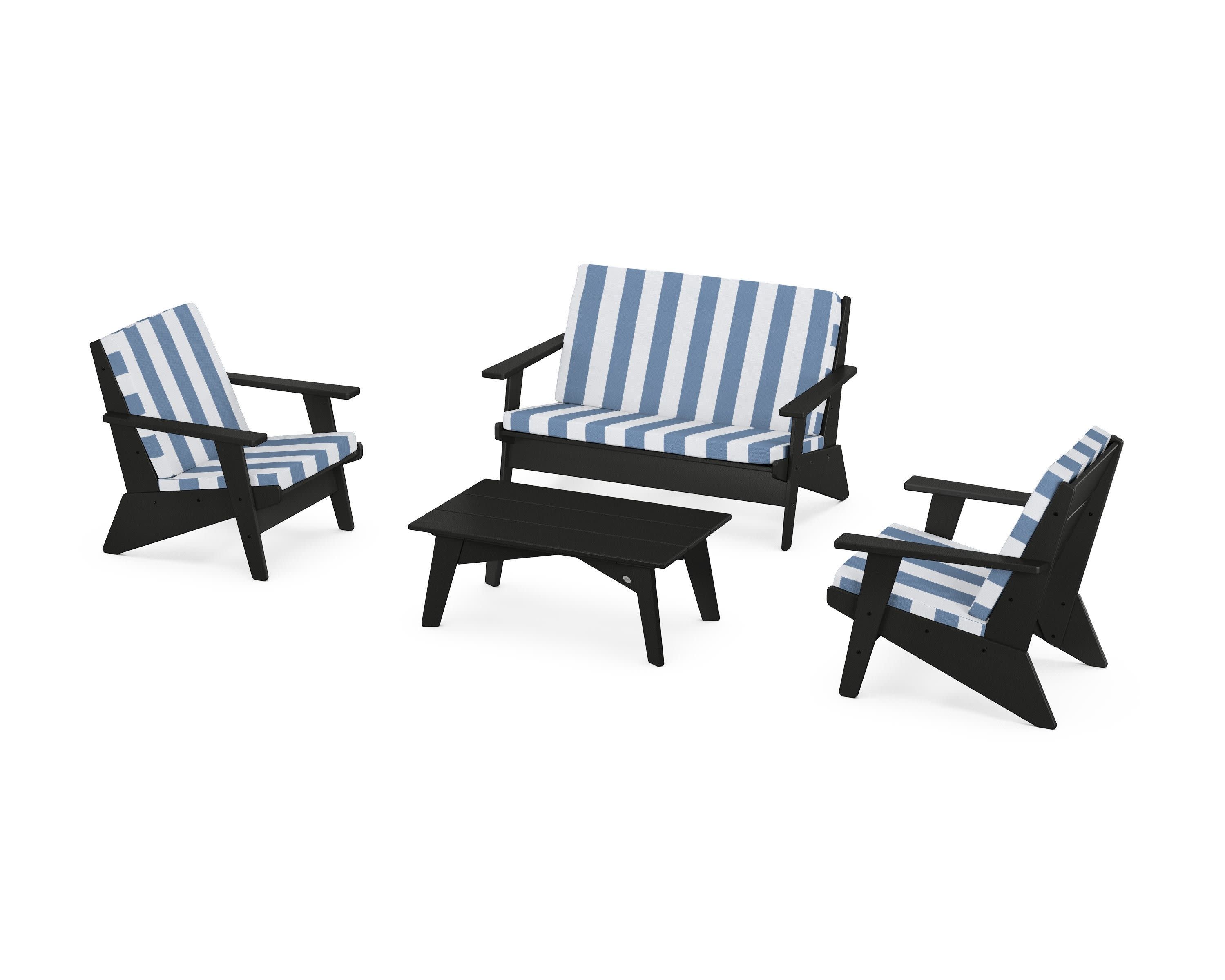 Riviera Modern Lounge 4-Piece Set in Black / Cabana Stripe Sky Blue