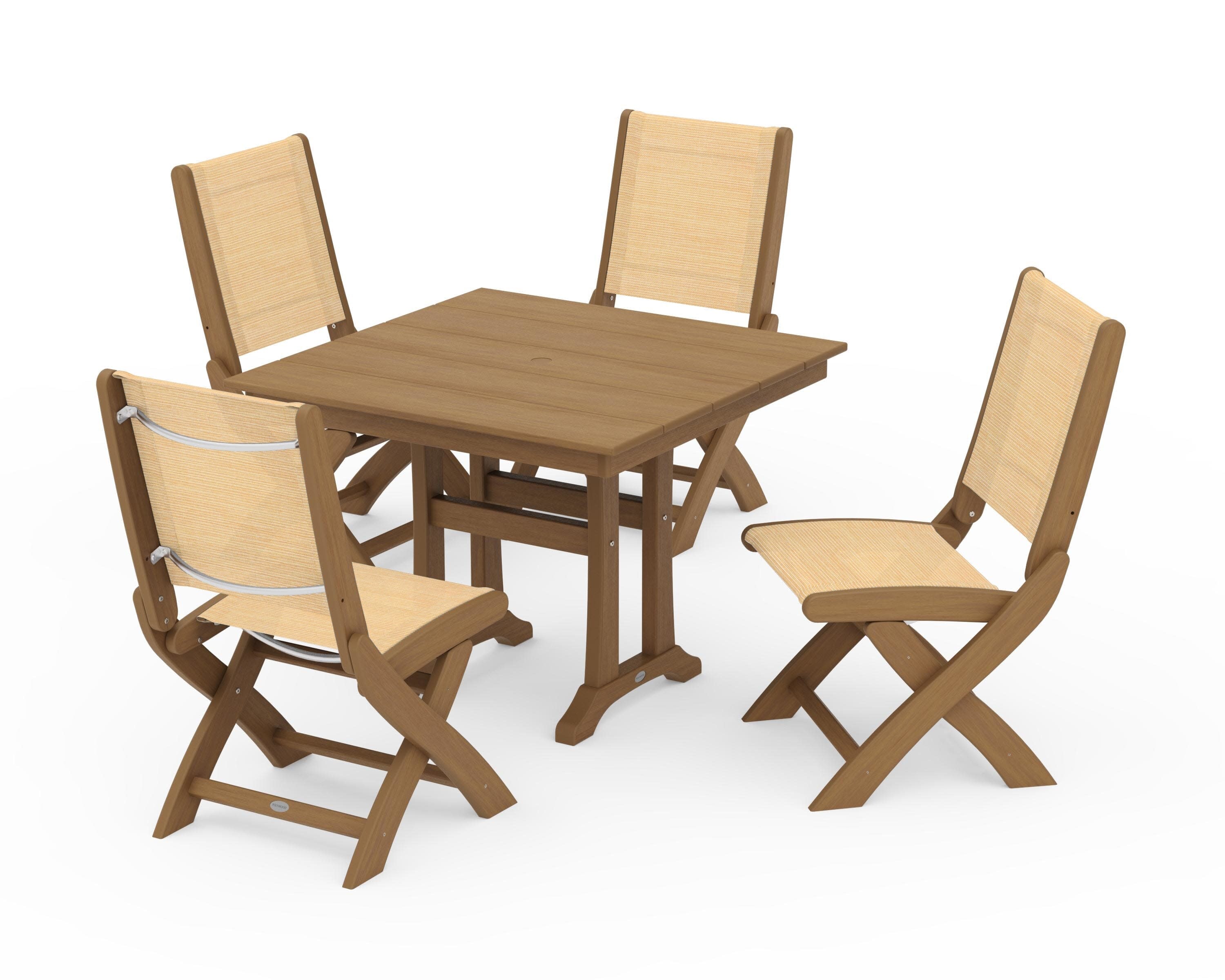 Coastal Folding Side Chair 5-Piece Farmhouse Dining Set With Trestle Legs in Natural / Dupioni Apricot Sling