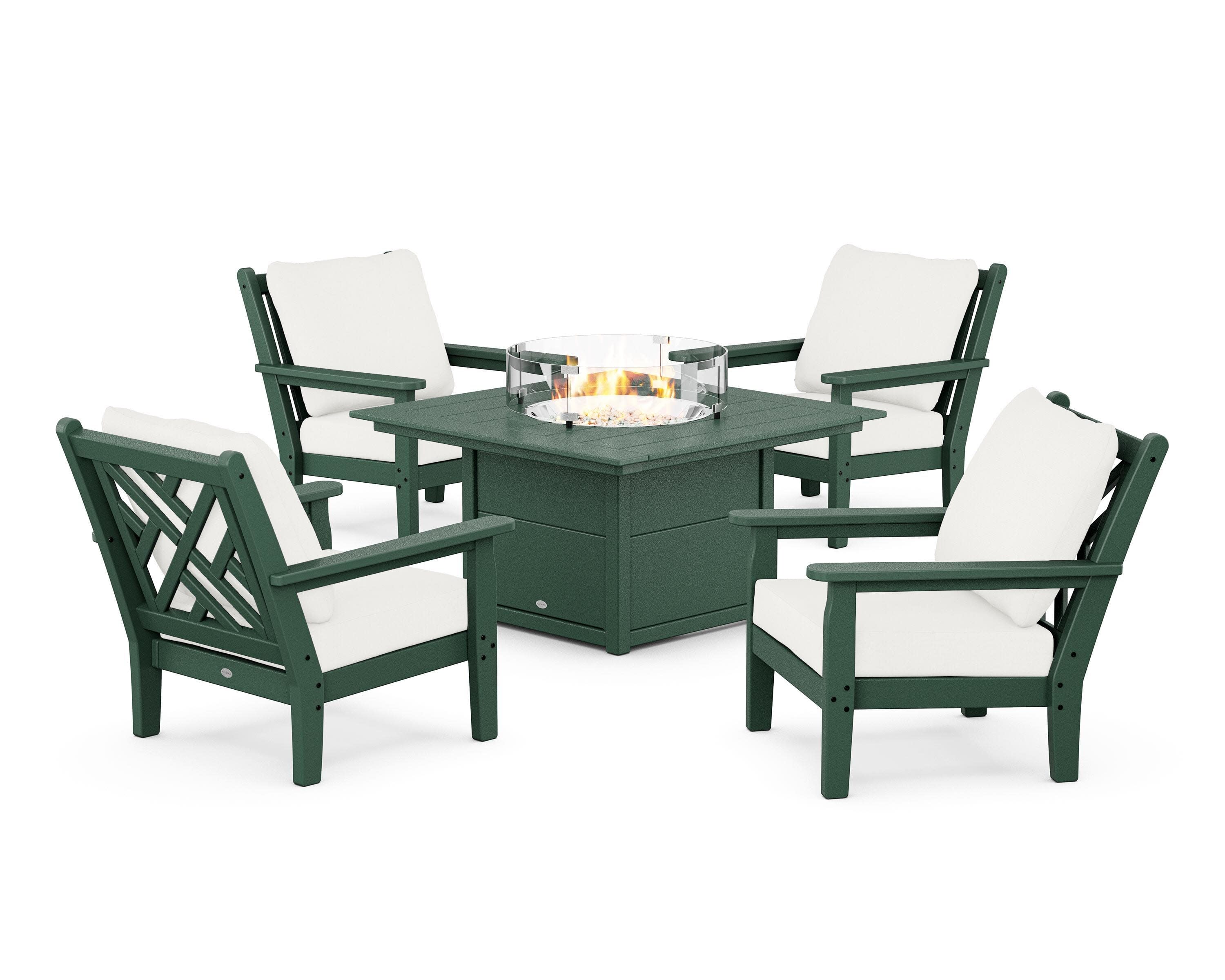 Chippendale 5-Piece Deep Seating Set with Fire Pit Table in Green / Natural Linen