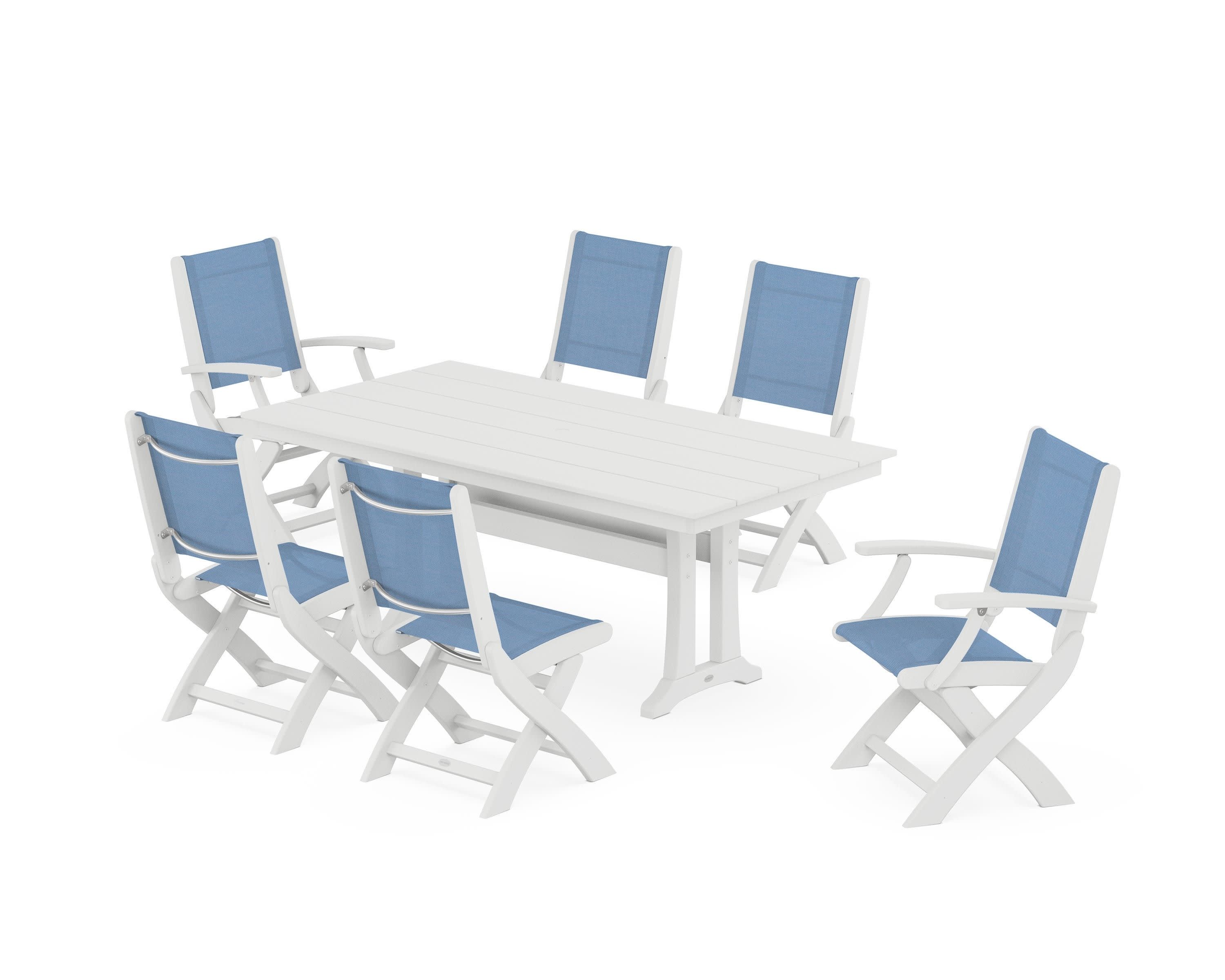 Coastal Folding Chair 7-Piece Farmhouse Dining Set with Trestle Legs in White / Poolside Sling
