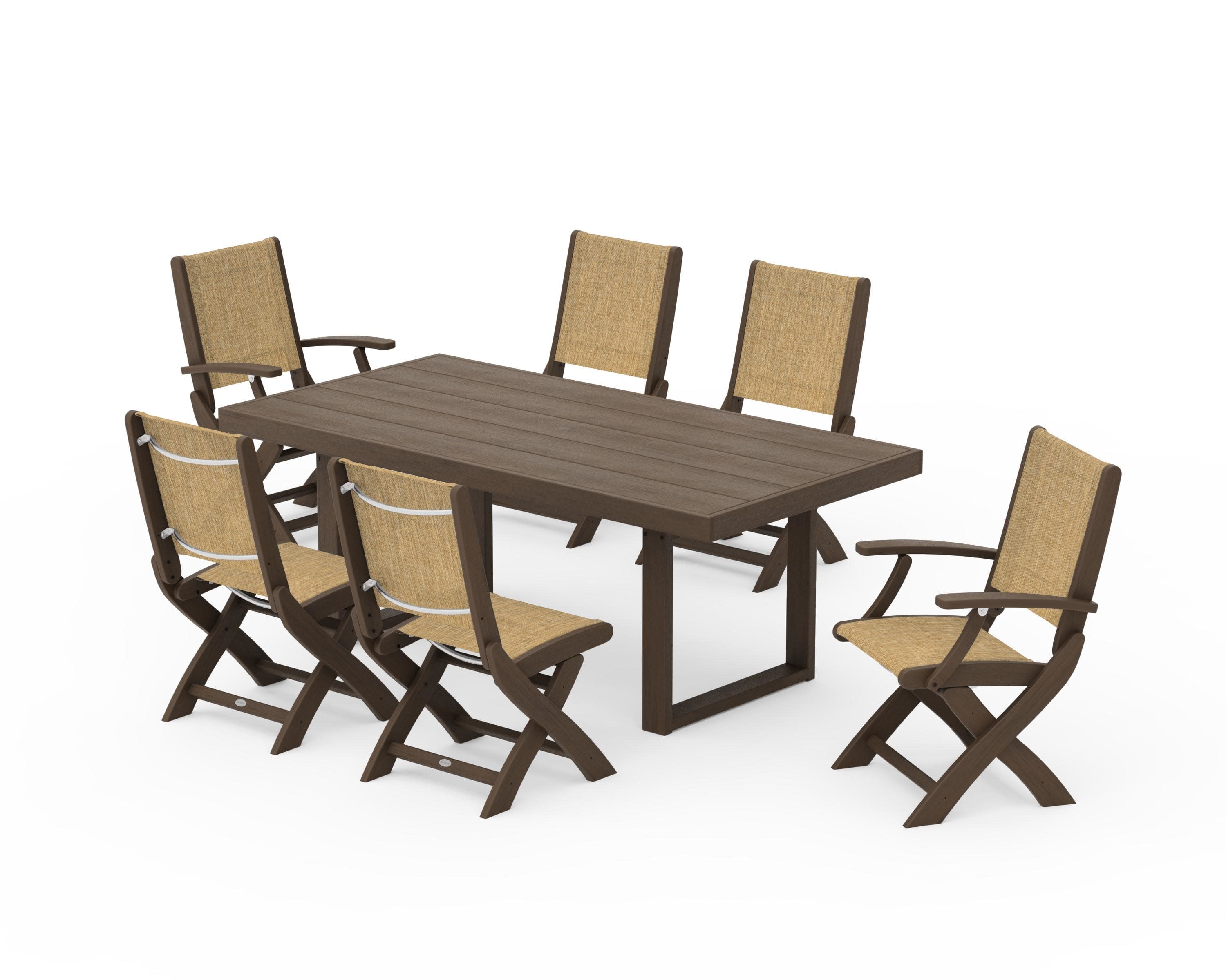 Coastal Folding Chair 7-Piece Dining Set with Trestle Legs in Kona / Burlap Sling