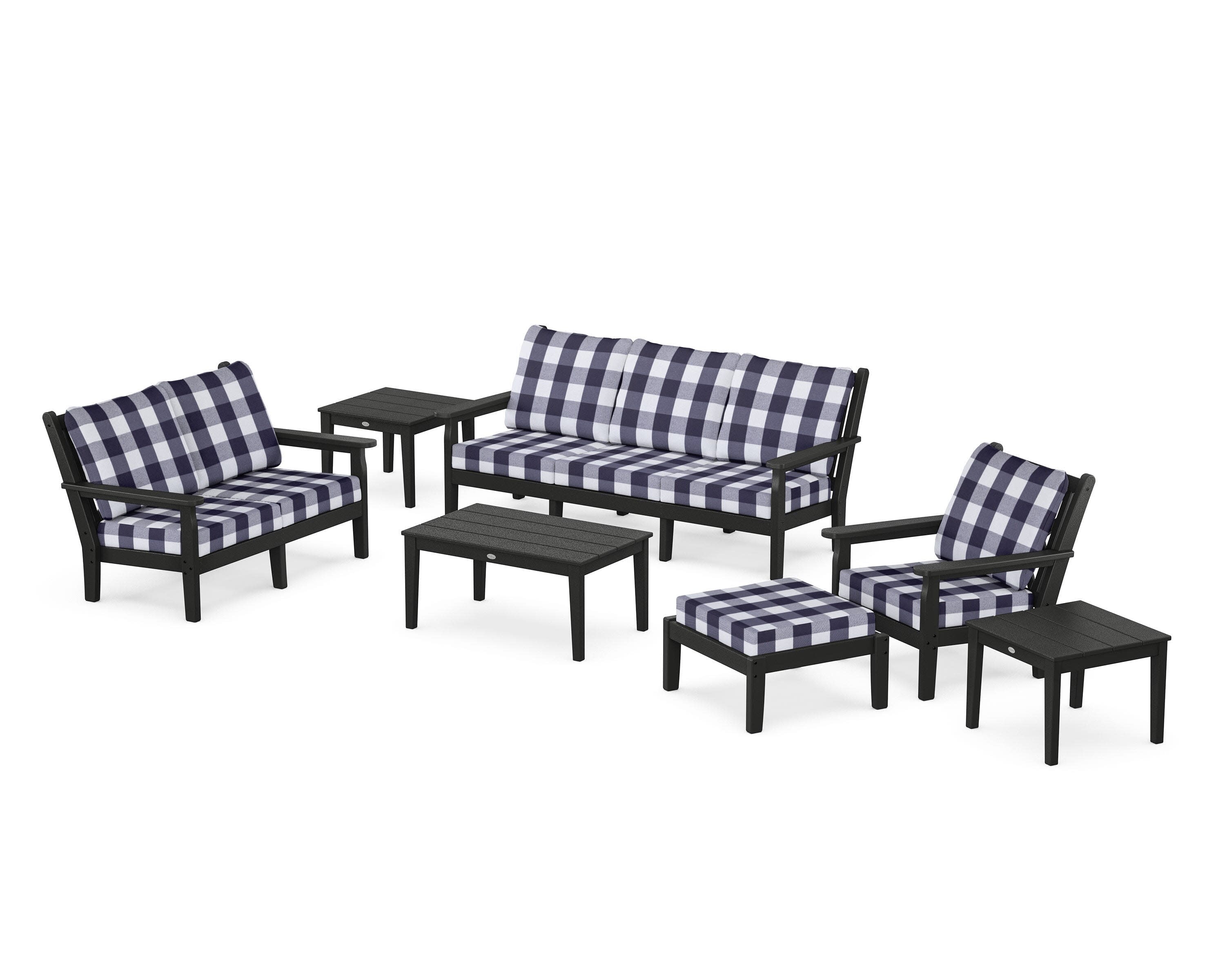 Chippendale 7-Piece Deep Seating Set in Black / Buffalo Plaid Navy