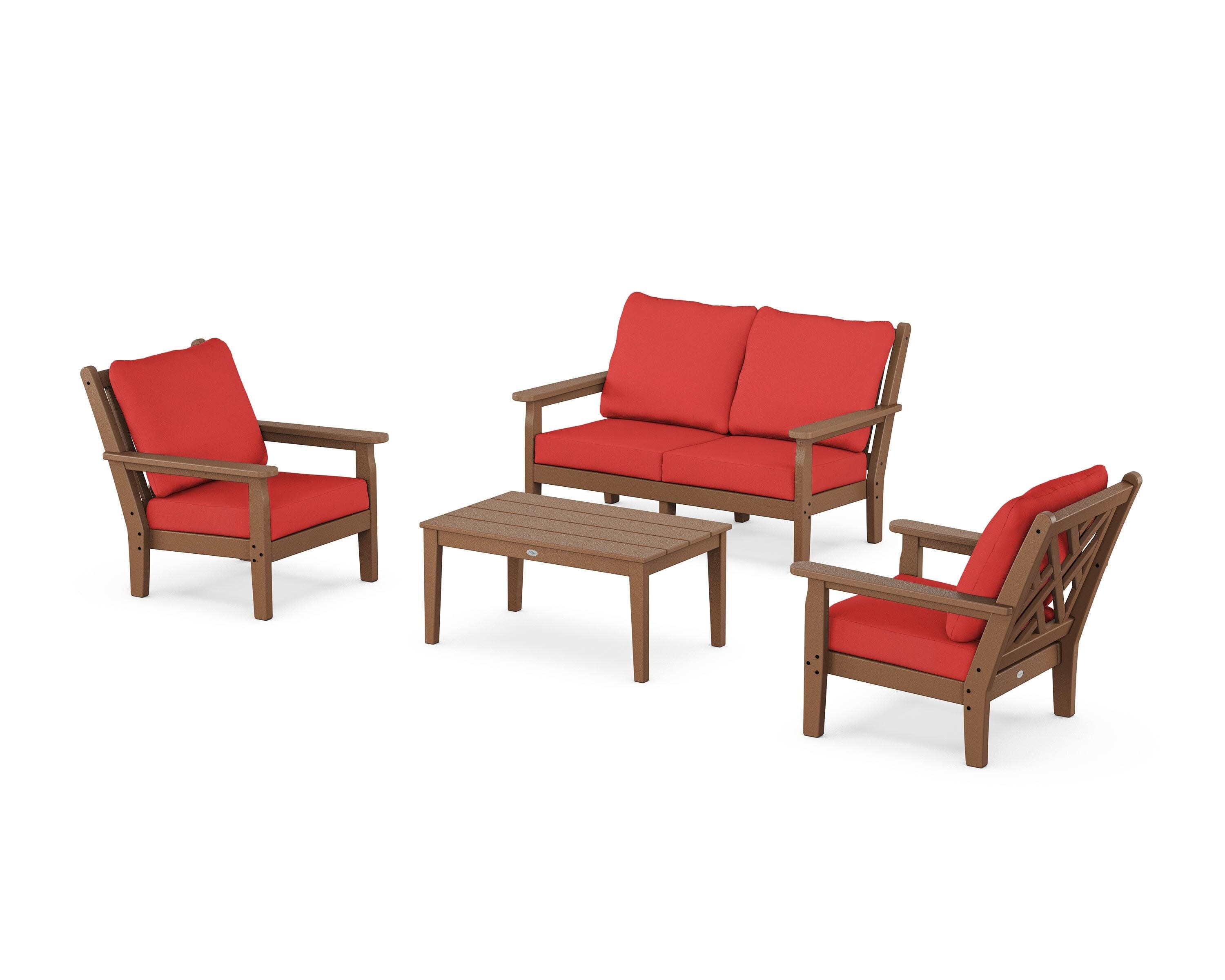 Chippendale 4-Piece Deep Seating Set with Loveseat in Teak / Crimson Linen
