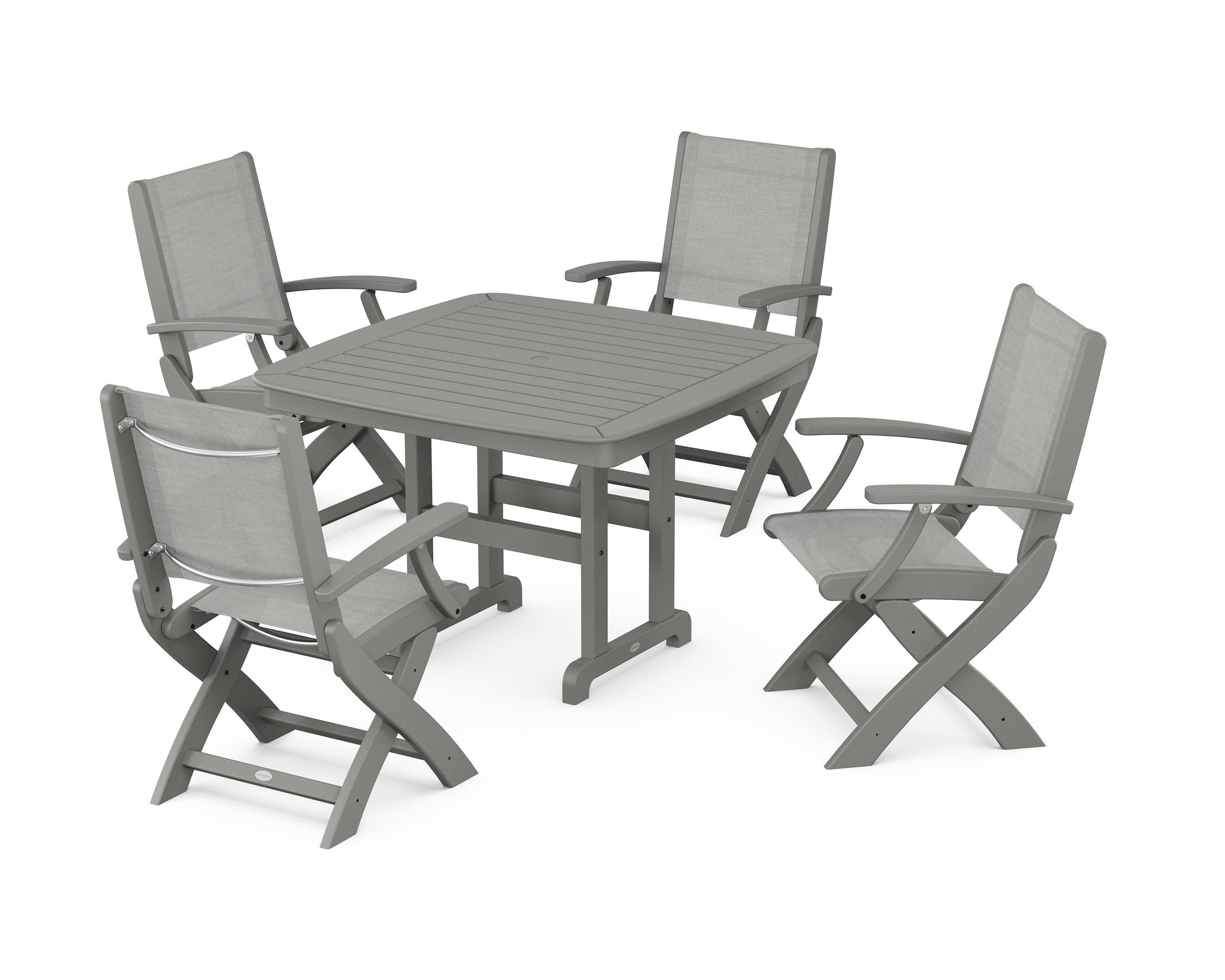 Coastal Folding Chair 5-Piece Dining Set in Slate Grey / Metallic Sling