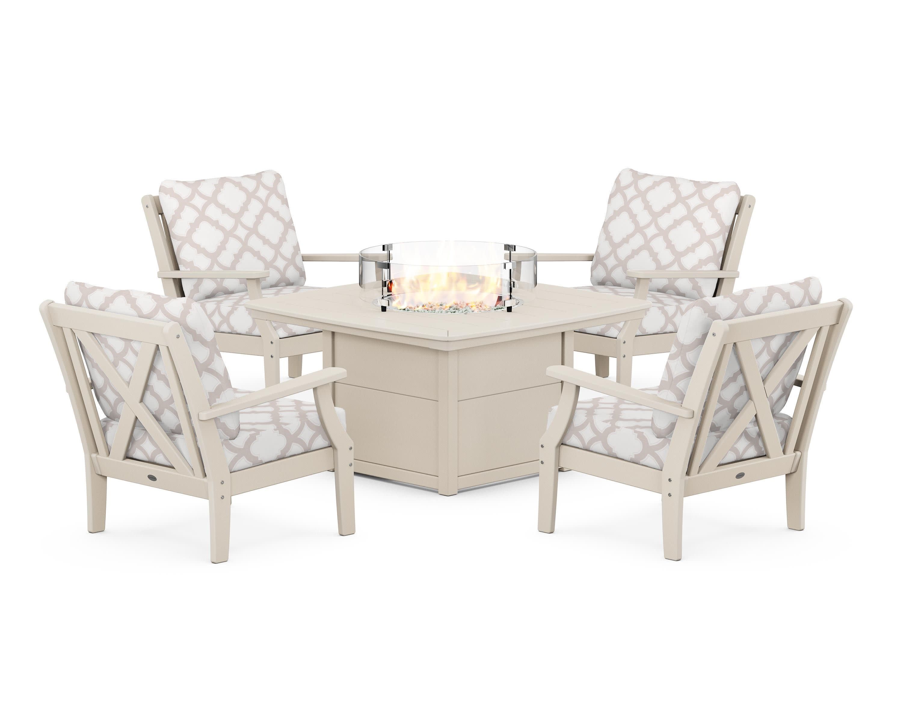 Braxton 5-Piece Deep Seating Conversation Set with Fire Pit Table in Sand / Trellis Dune Burlap