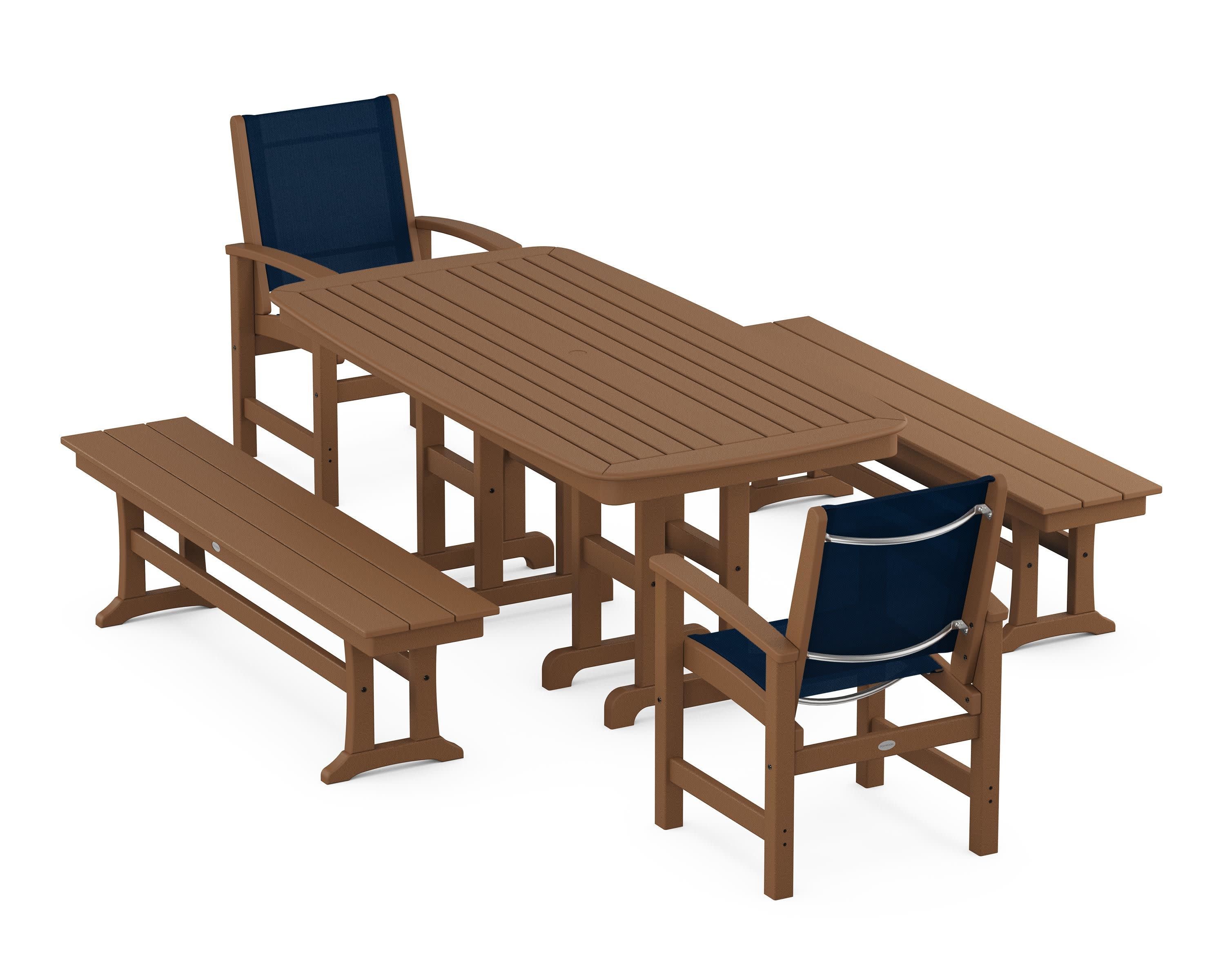 Coastal 5-Piece Dining Set in Teak / Navy Blue Sling