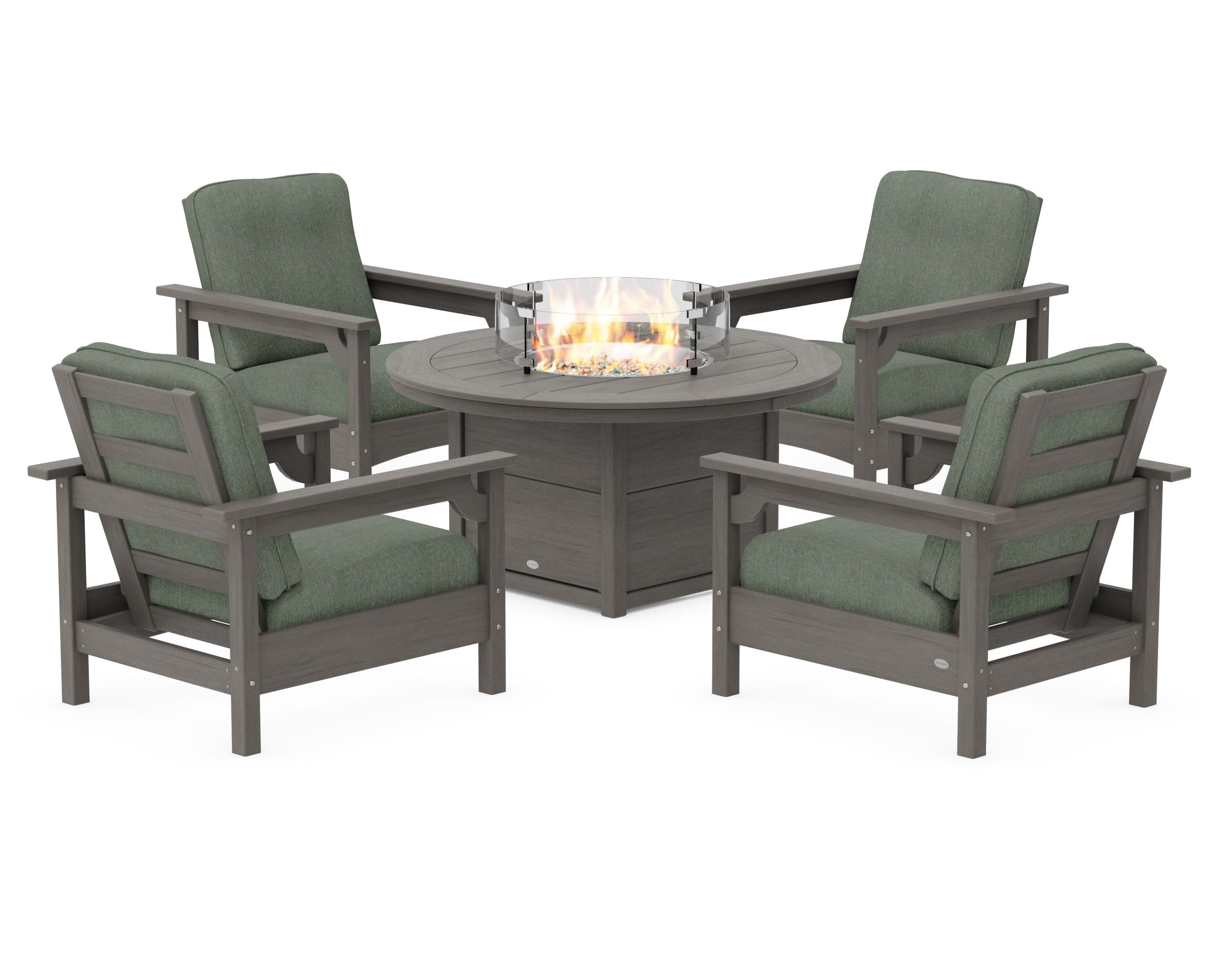 Club 5-Piece Conversation Set with Fire Pit Table in Driftwood / Cast Sage