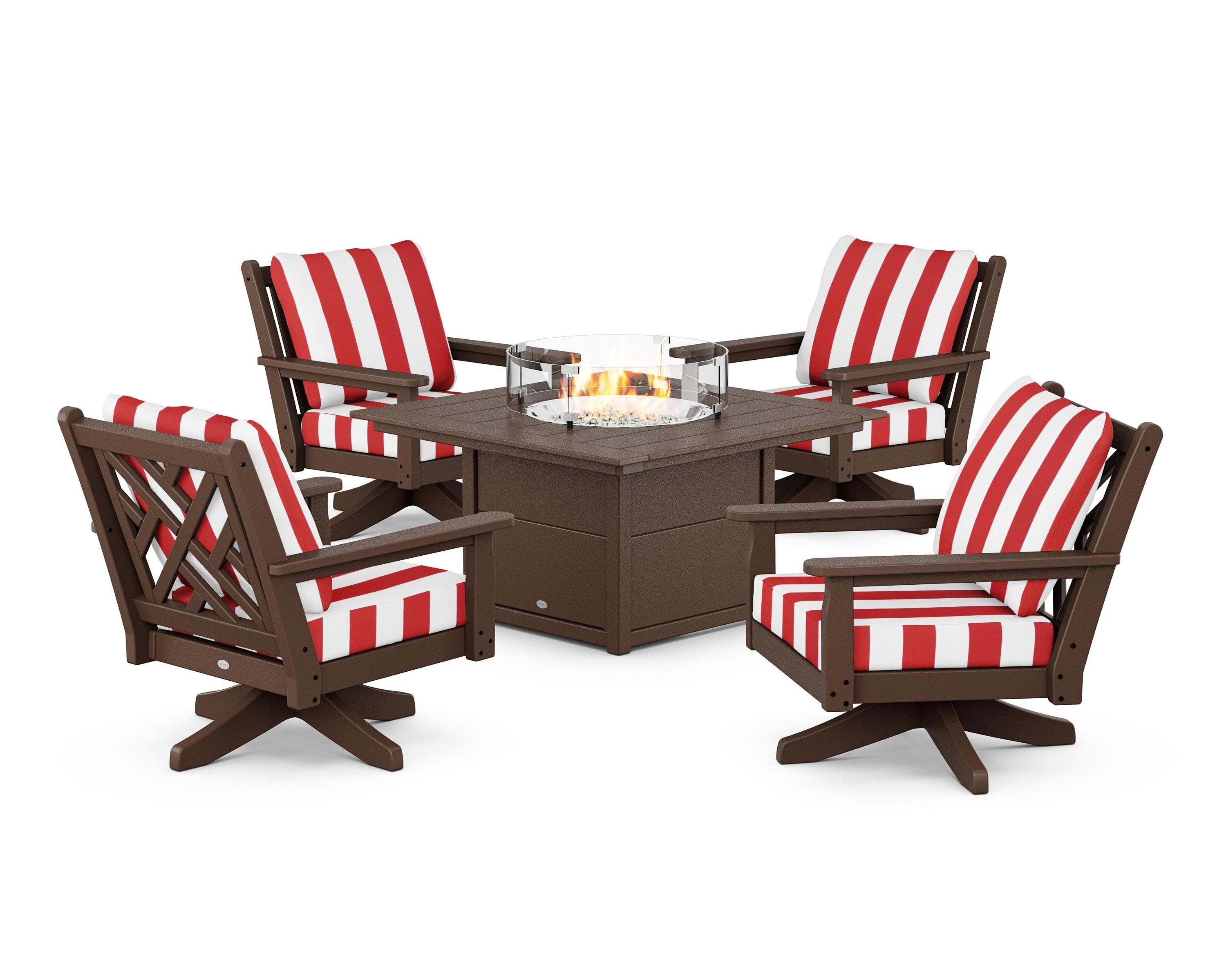 Chippendale 5-Piece Deep Seating Swivel Conversation Set with Fire Pit Table in Mahogany / Cabana Stripe Crimson