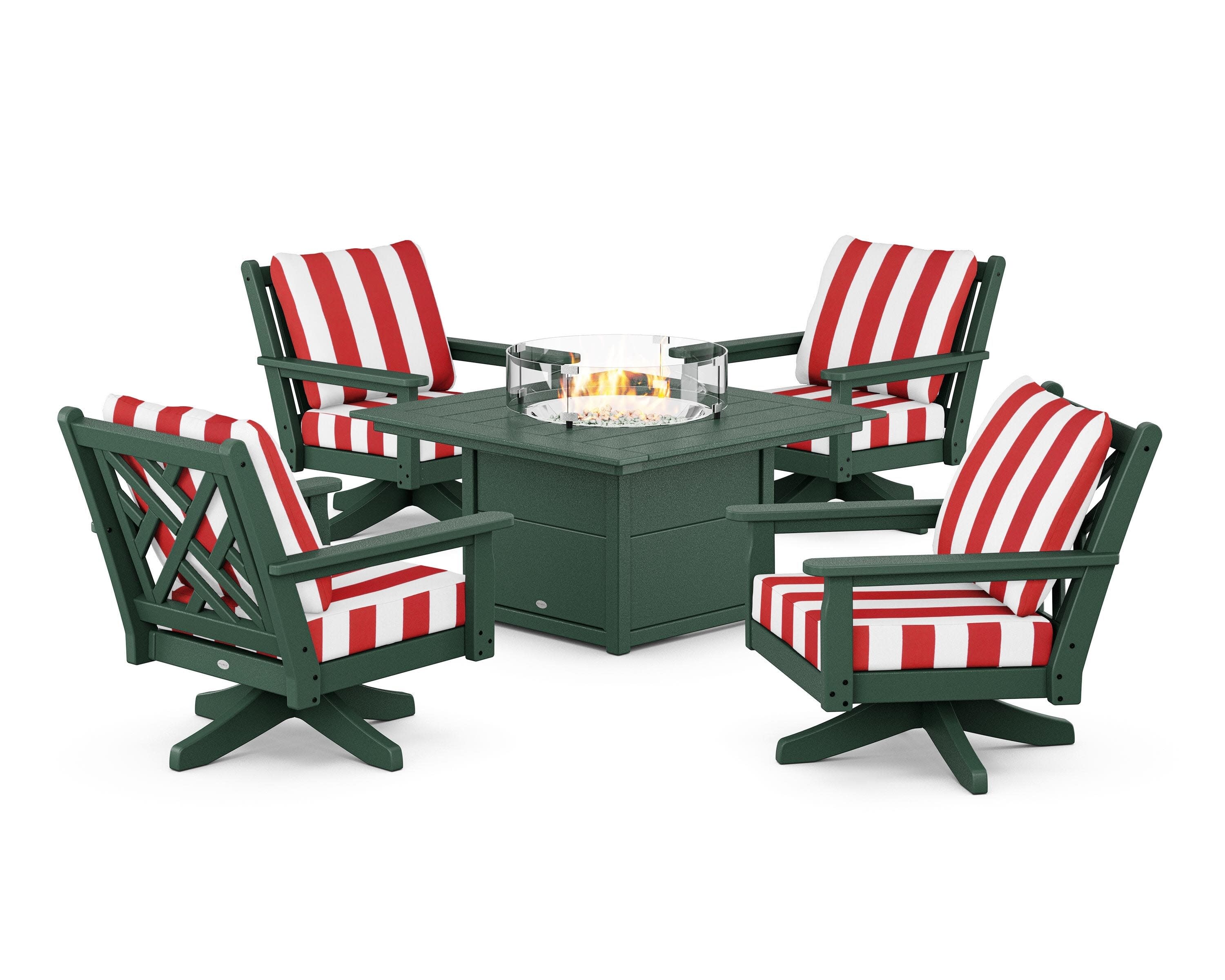 Chippendale 5-Piece Deep Seating Swivel Conversation Set with Fire Pit Table in Green / Cabana Stripe Crimson