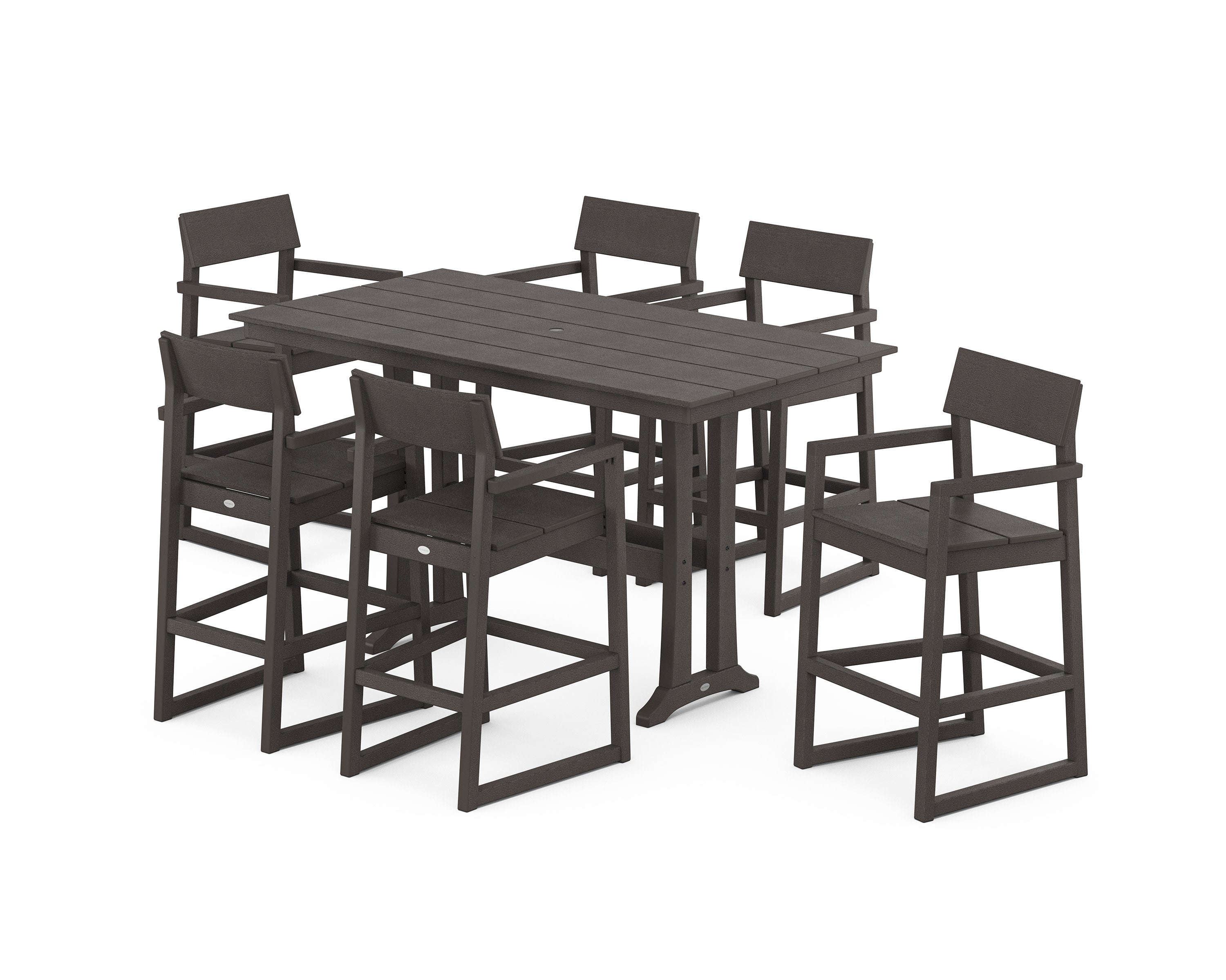 EDGE Arm Chair 7-Piece Farmhouse Bar Set with Trestle Legs in Vintage Coffee