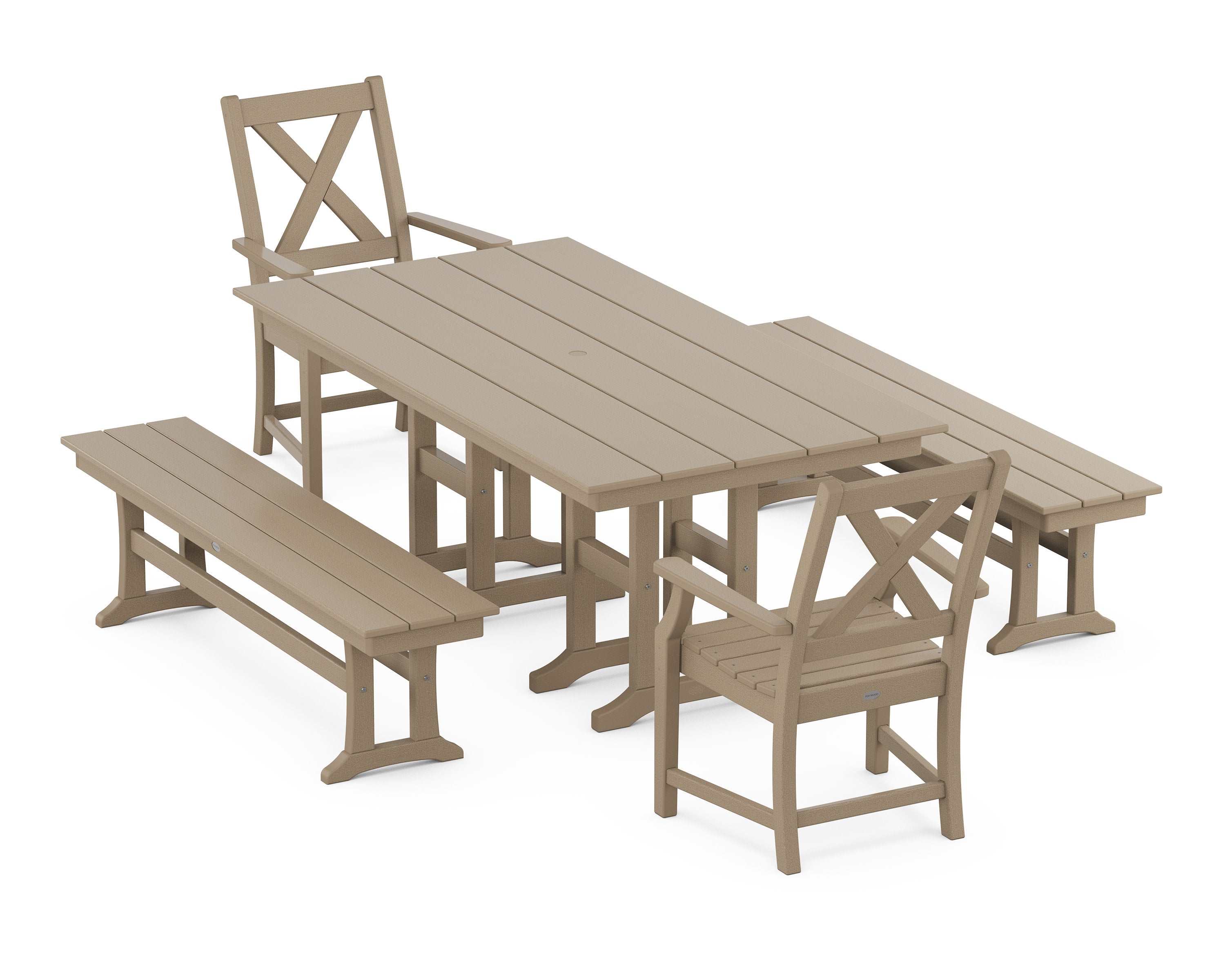 Braxton 5-Piece Farmhouse Dining Set with Benches in Vintage Sahara