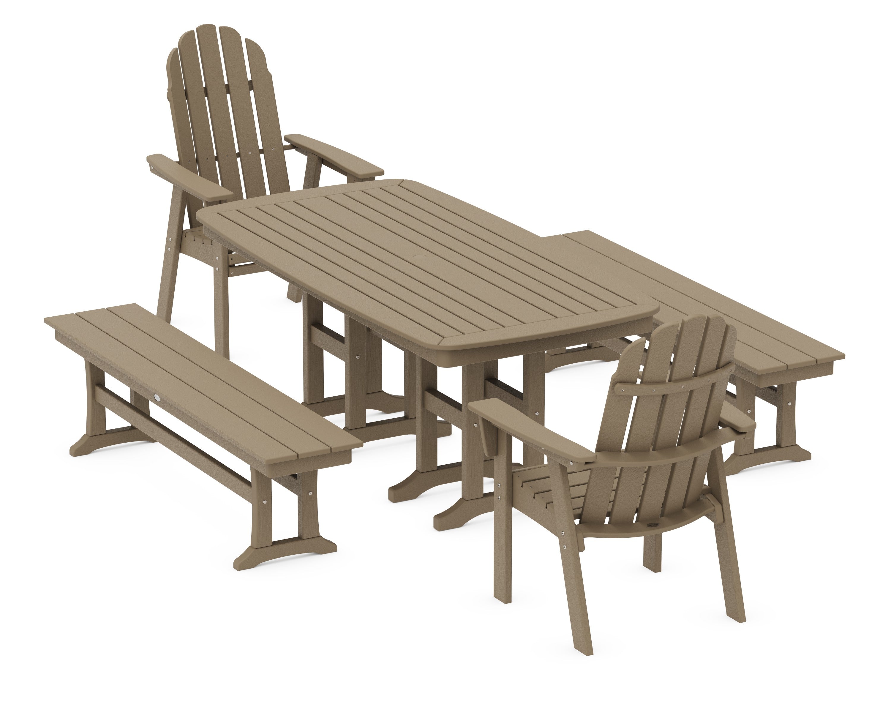 Vineyard Adirondack 5-Piece Dining Set with Benches in Vintage Sahara