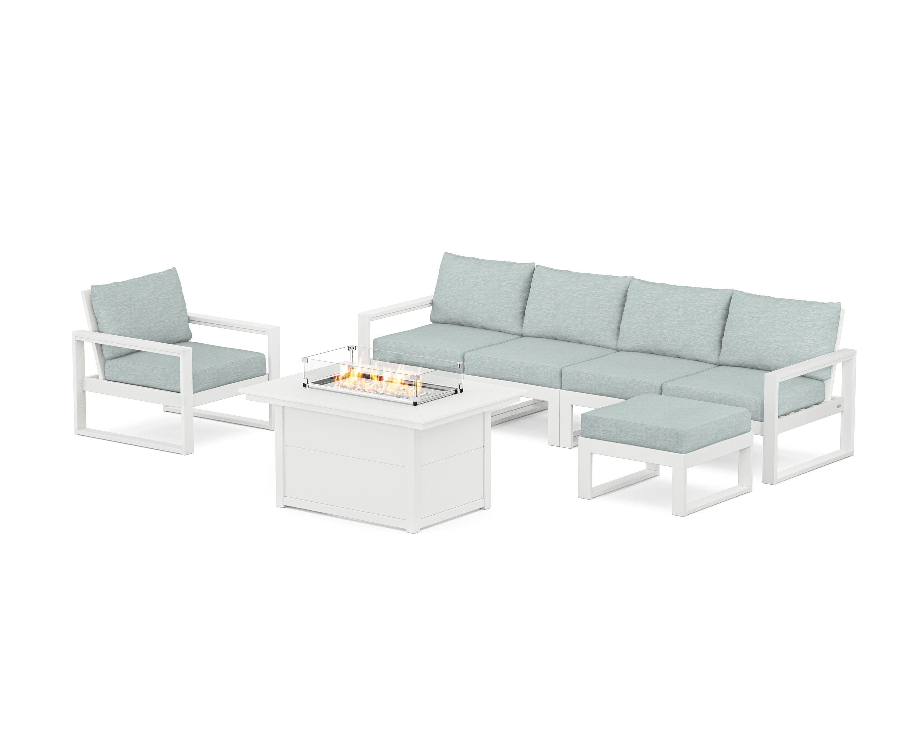 EDGE Sectional Lounge and Fire Pit Set in White / Soothe Mist