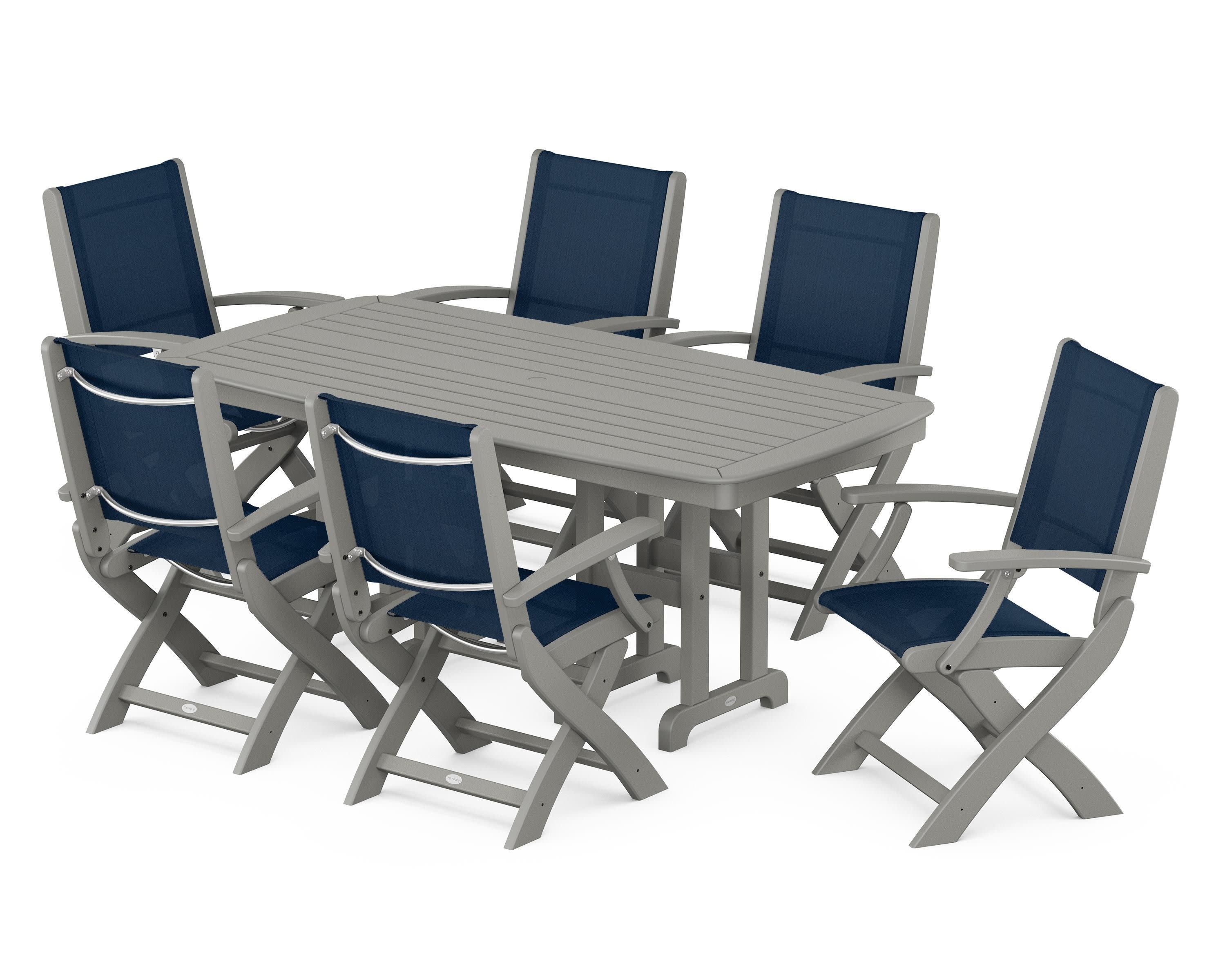 Coastal Folding Arm Chair 7-Piece Dining Set in Slate Grey / Navy Blue Sling