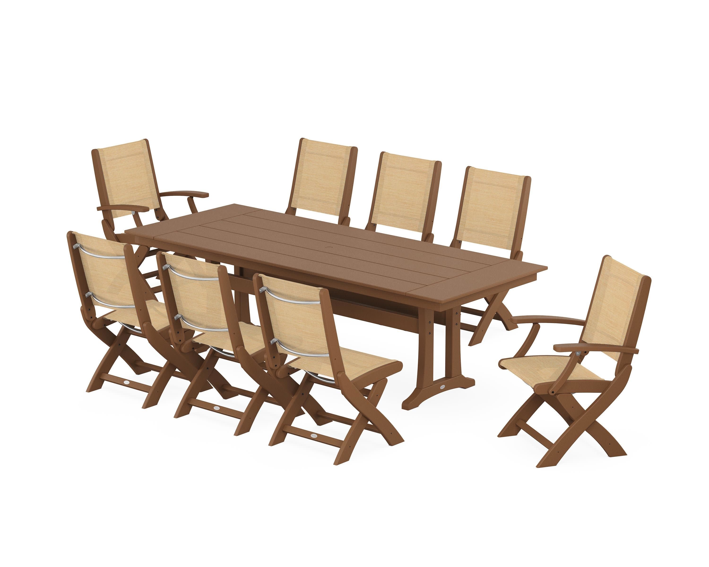 Coastal 9-Piece Folding Dining Chair Farmhouse Dining Set with Trestle Legs in Teak / Dupioni Apricot Sling