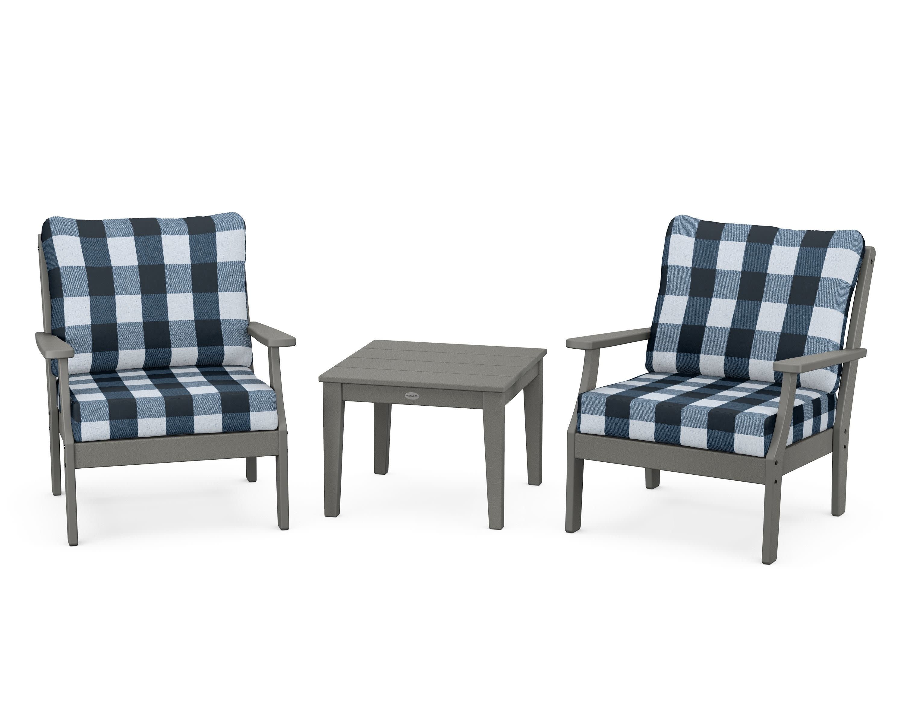 Braxton 3-Piece Deep Seating Set in Slate Grey / Buffalo Plaid Marine Indigo