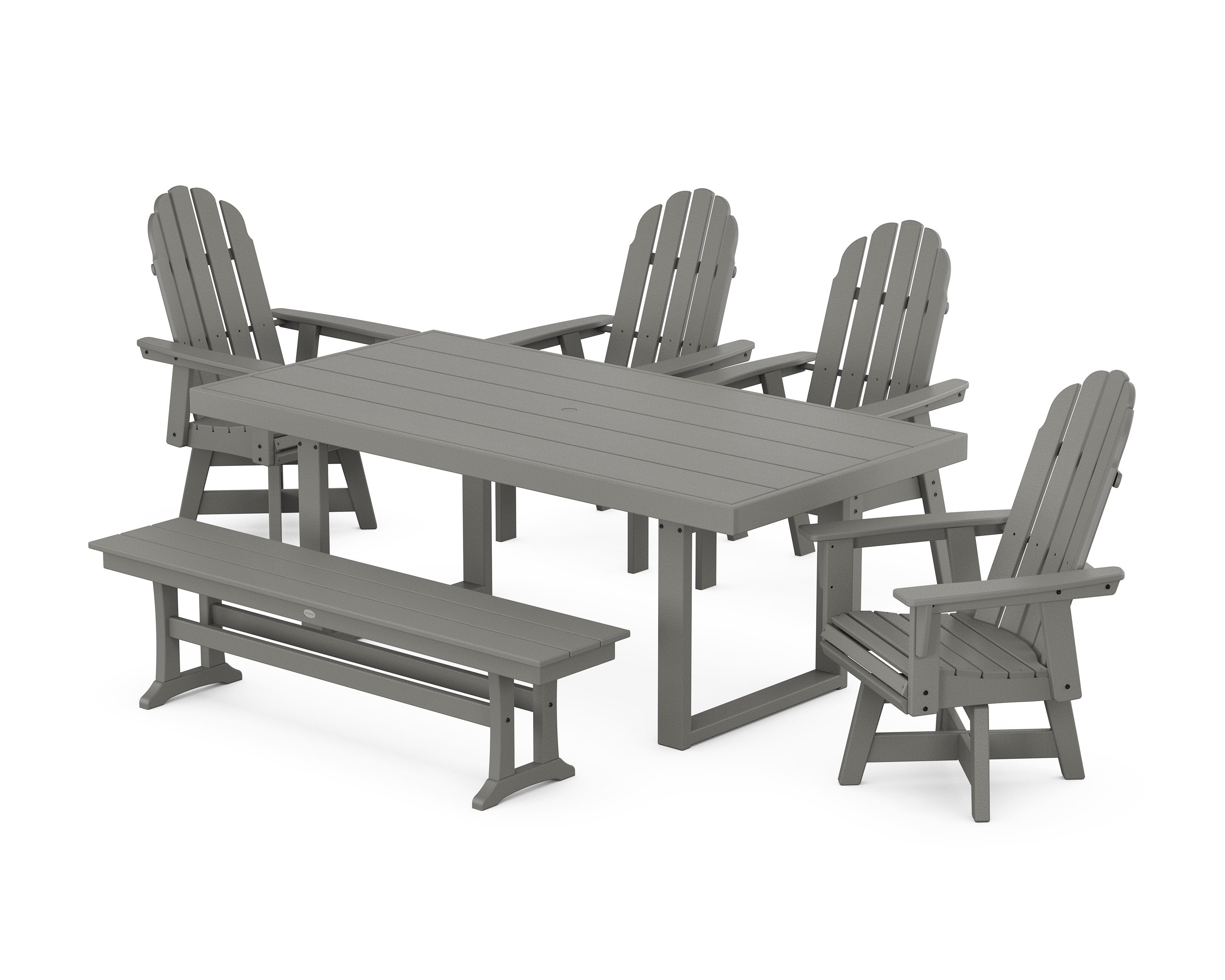 Vineyard Curveback Adirondack Swivel Chair 6-Piece Dining Set with Bench in Slate Grey