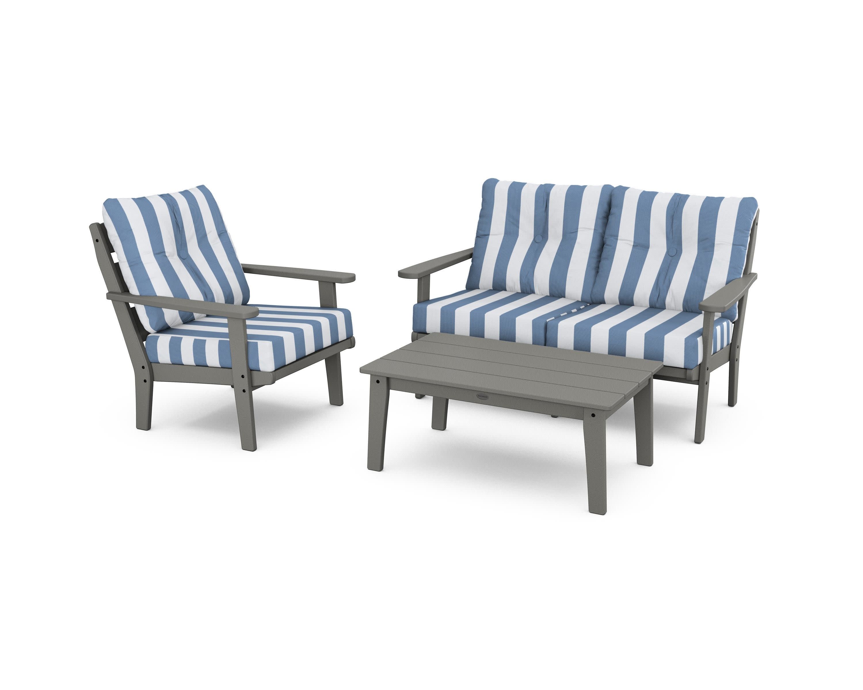 Lakeside 3-Piece Deep Seating Set in Slate Grey / Cabana Stripe Sky Blue