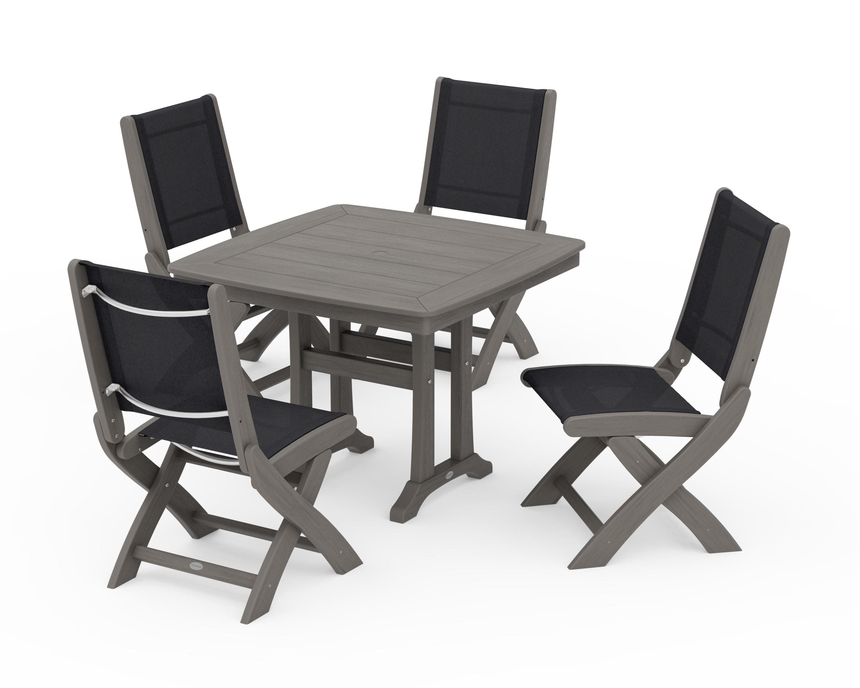 Coastal Folding Side Chair 5-Piece Dining Set with Trestle Legs in Driftwood / Black Sling