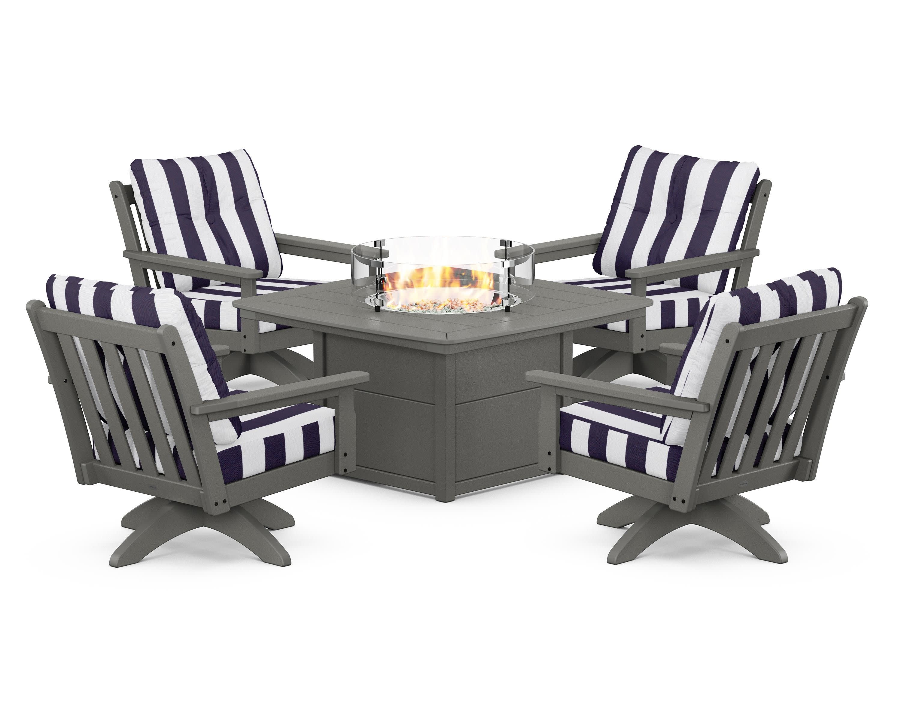 Vineyard 5-Piece Deep Seating Swivel Conversation Set with Fire Pit Table in Slate Grey / Cabana Stripe Navy