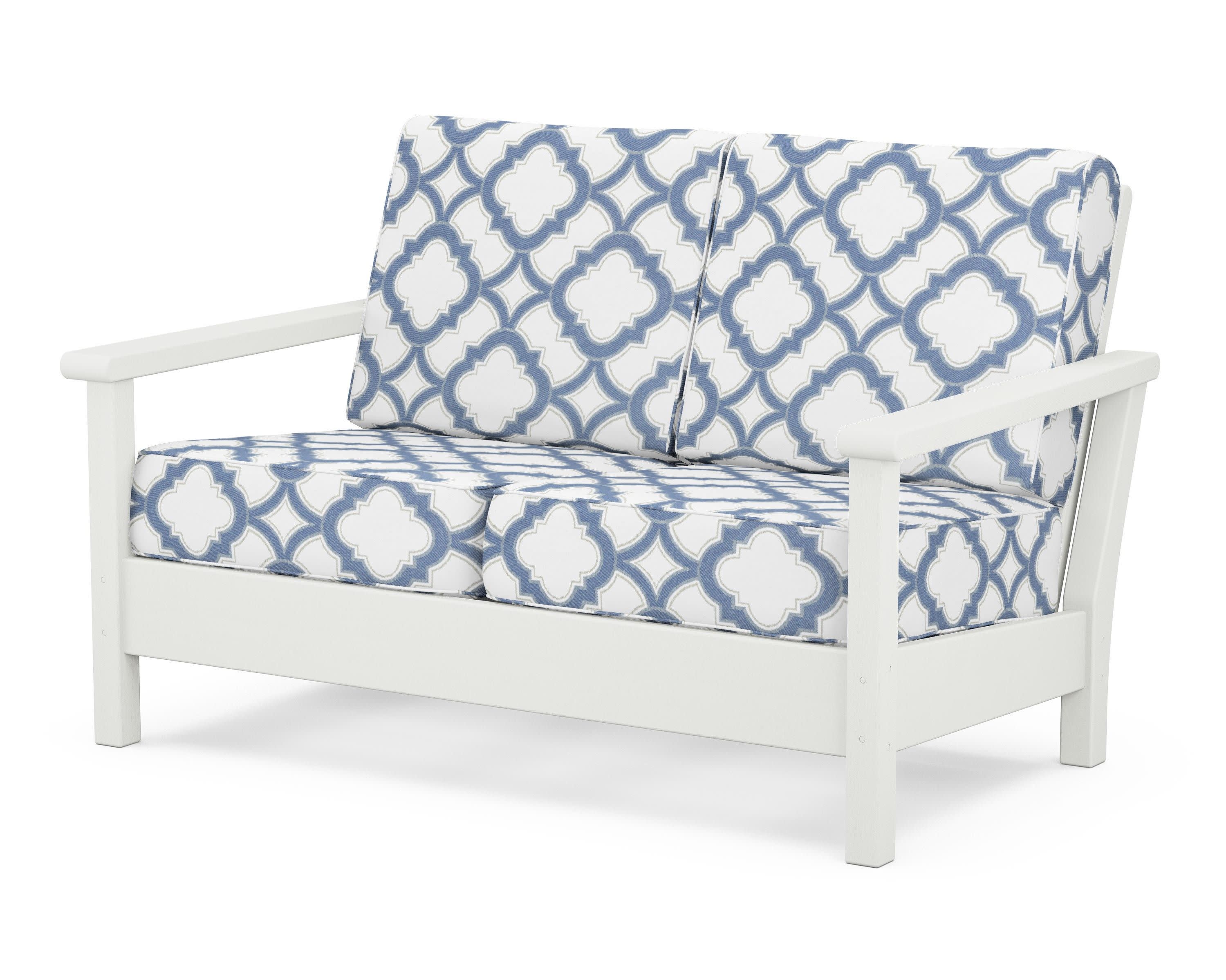 Harbour Deep Seating Loveseat in Vintage White / Trellis Sky Blue