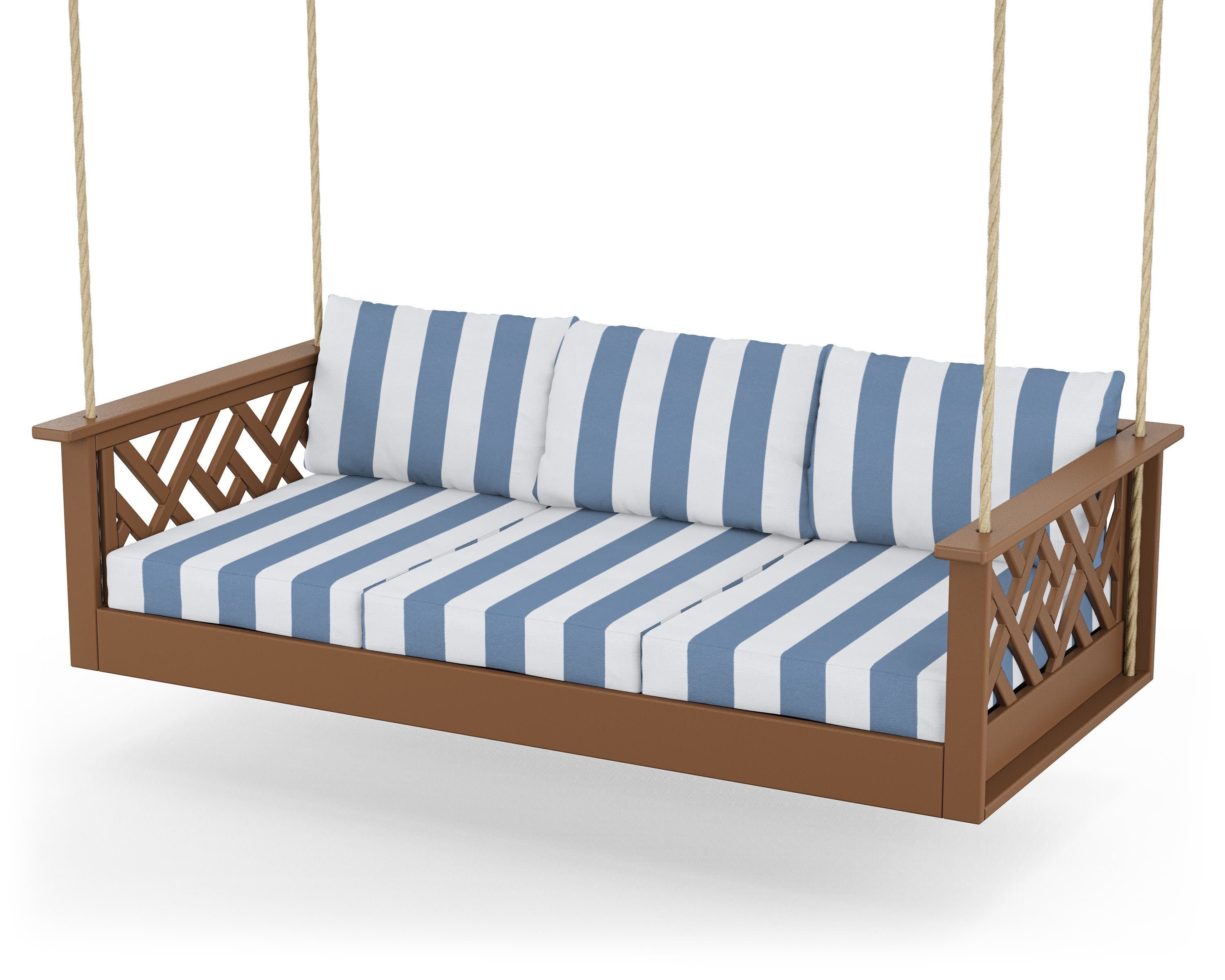 Chippendale Daybed Swing in Teak / Cabana Stripe Sky Blue