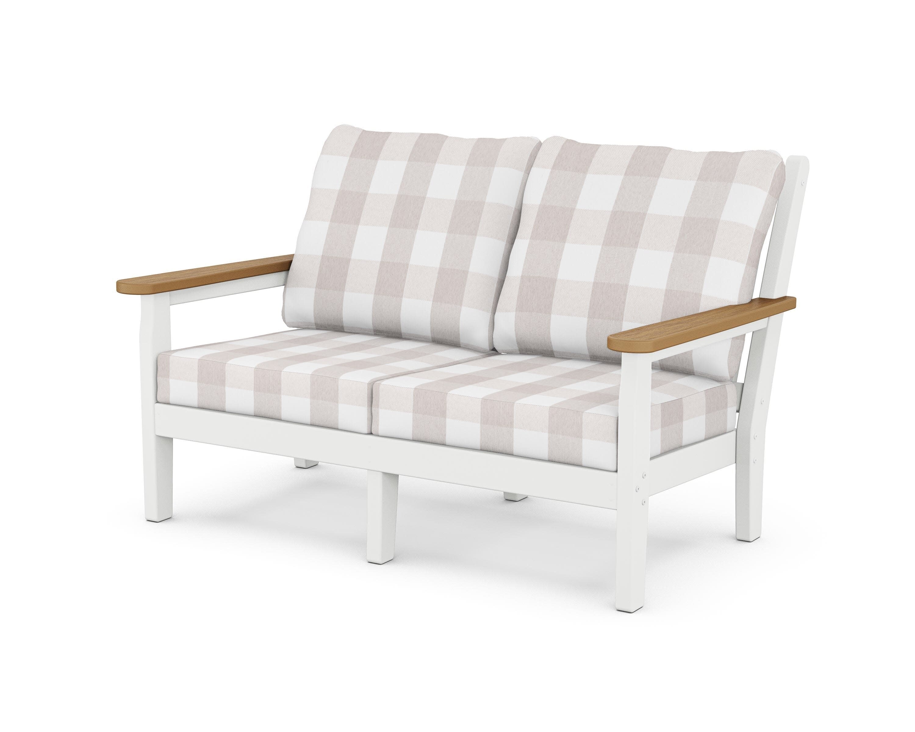 Chippendale Deep Seating Loveseat in White / Natural / Buffalo Plaid Dune Burlap