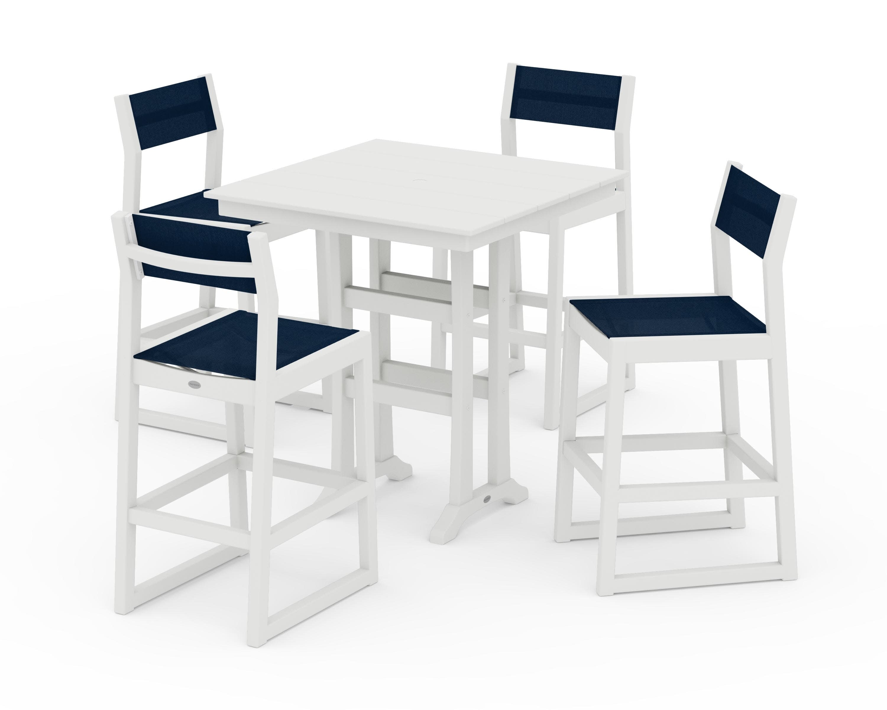 EDGE Sling Arm Chair 5-Piece Farmhouse Bar Set with Trestle Legs in Vintage White / Navy Blue Sling