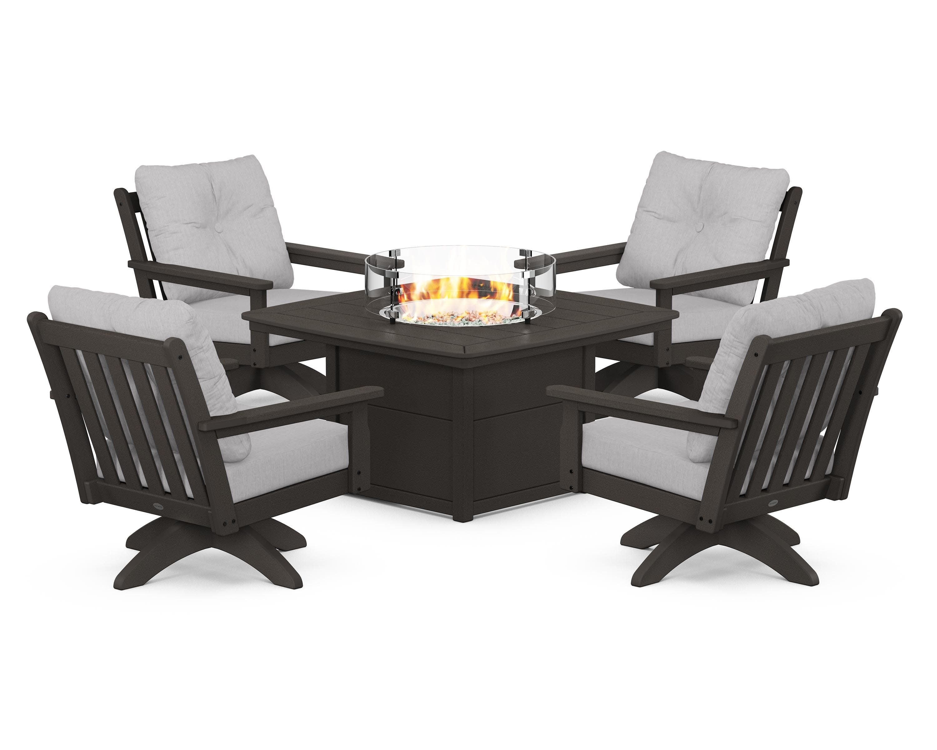 Vineyard 5-Piece Deep Seating Swivel Conversation Set with Fire Pit Table in Vintage Coffee / Granite