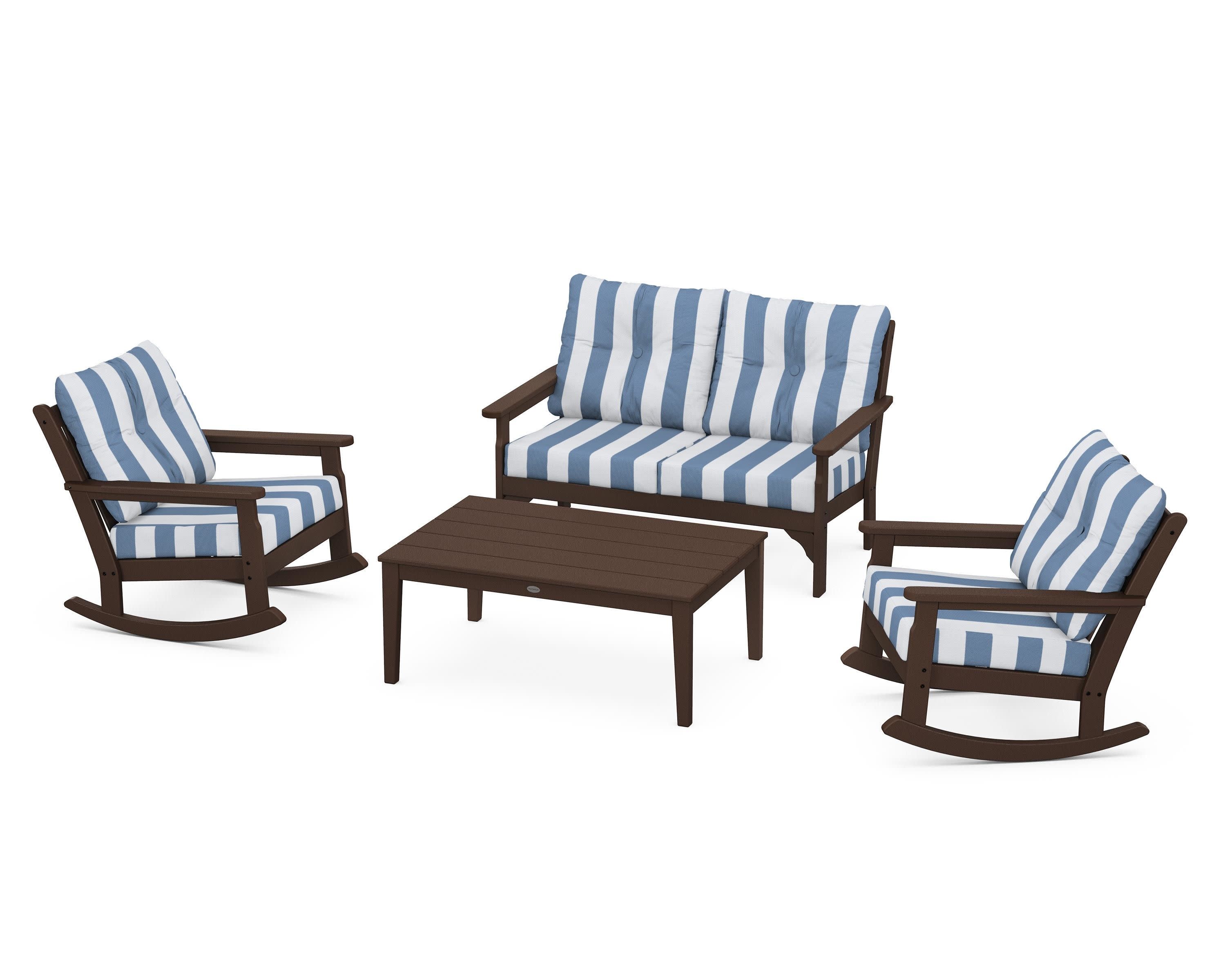 Vineyard 4-Piece Deep Seating Rocking Chair Set in Mahogany / Cabana Stripe Sky Blue